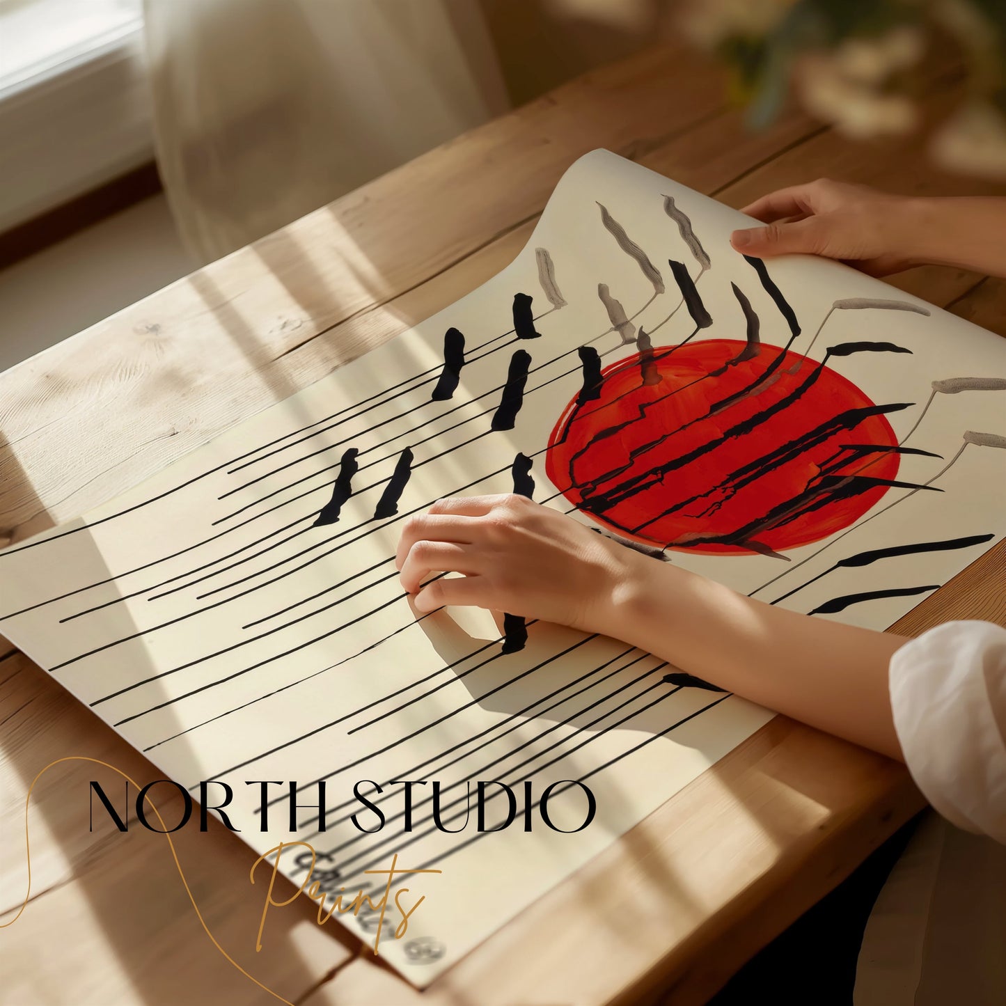 Premium Poster of Red Sun with Abstract Lines Artistic Wall Art Posters