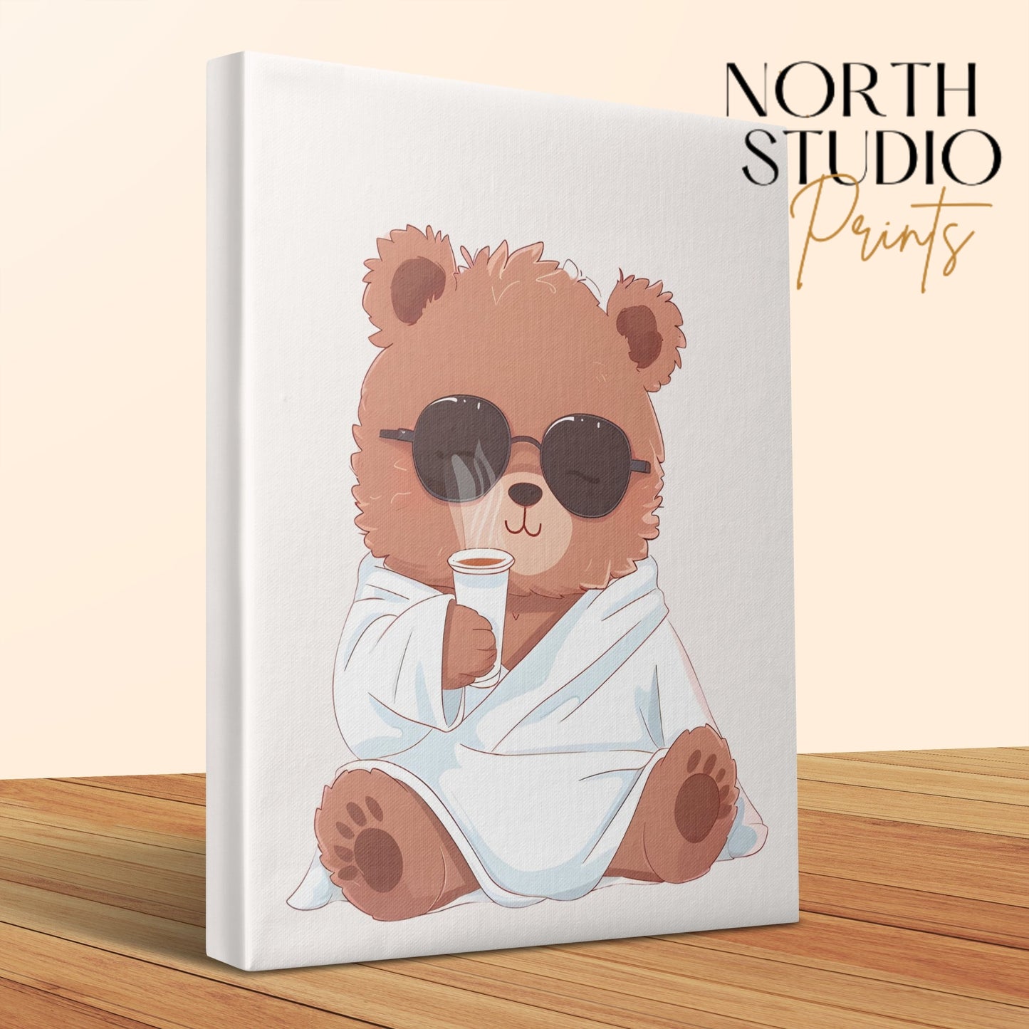 Premium Poster of Relaxed Bear with Coffee Nursery Wall Art Canvas Wraps