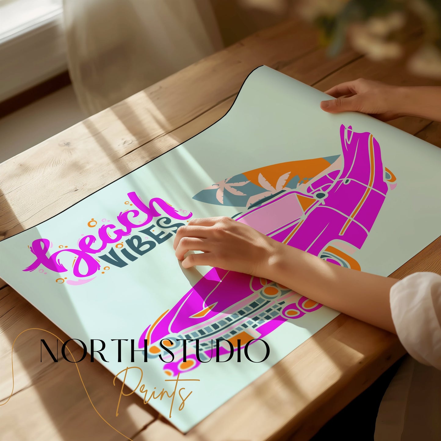 Premium Poster of Retro Pink Car with Surfboard Display Posters