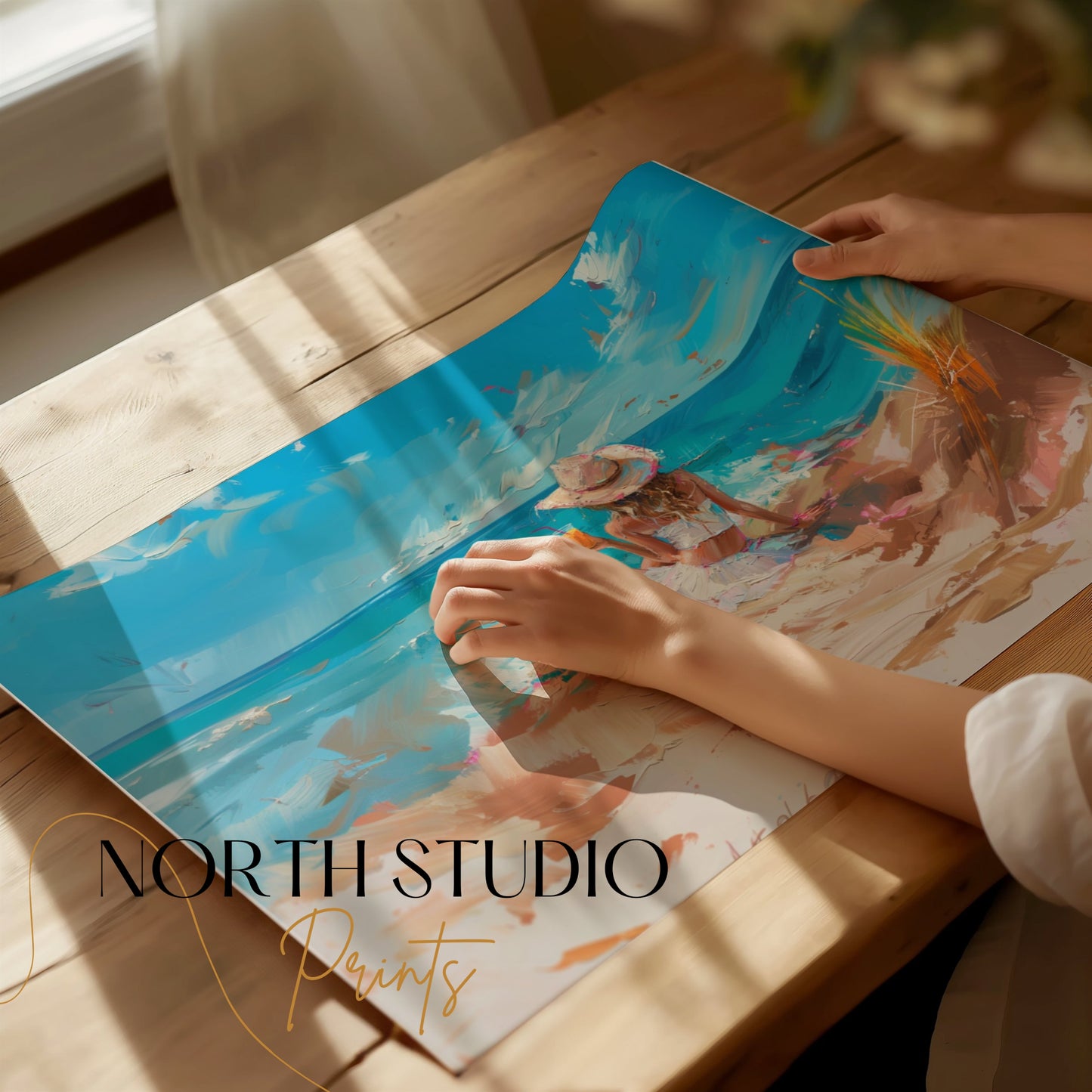 Premium Poster of Scenic Beach with Woman in Hat and Drink Posters