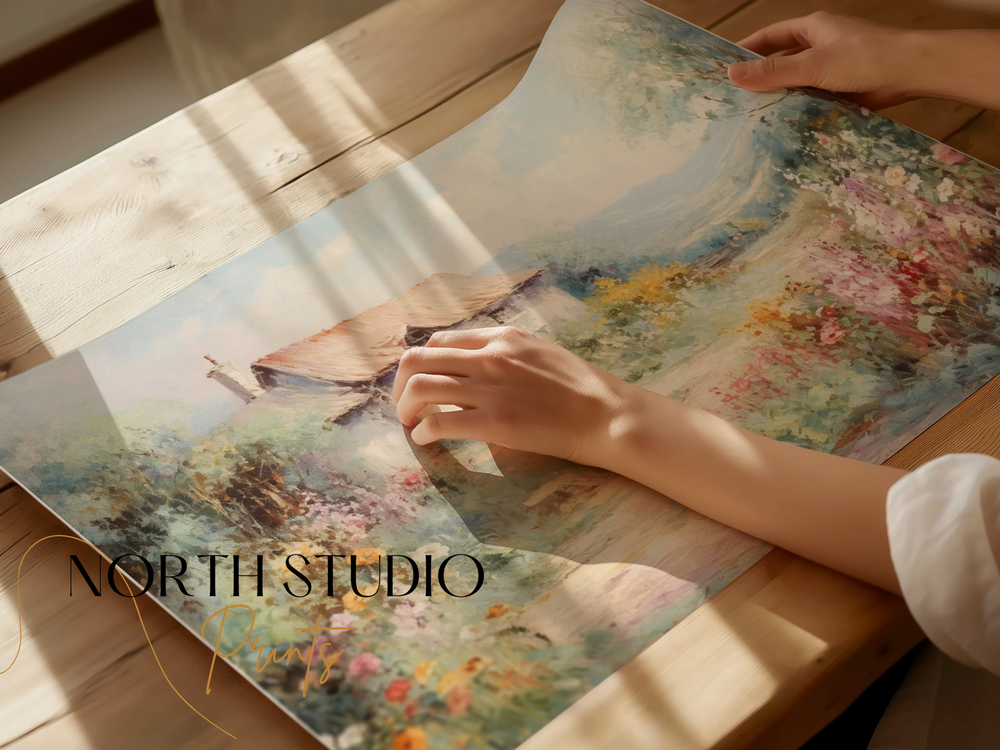 Premium Poster of Serene Countryside Cottage with Blooming Flowers Posters