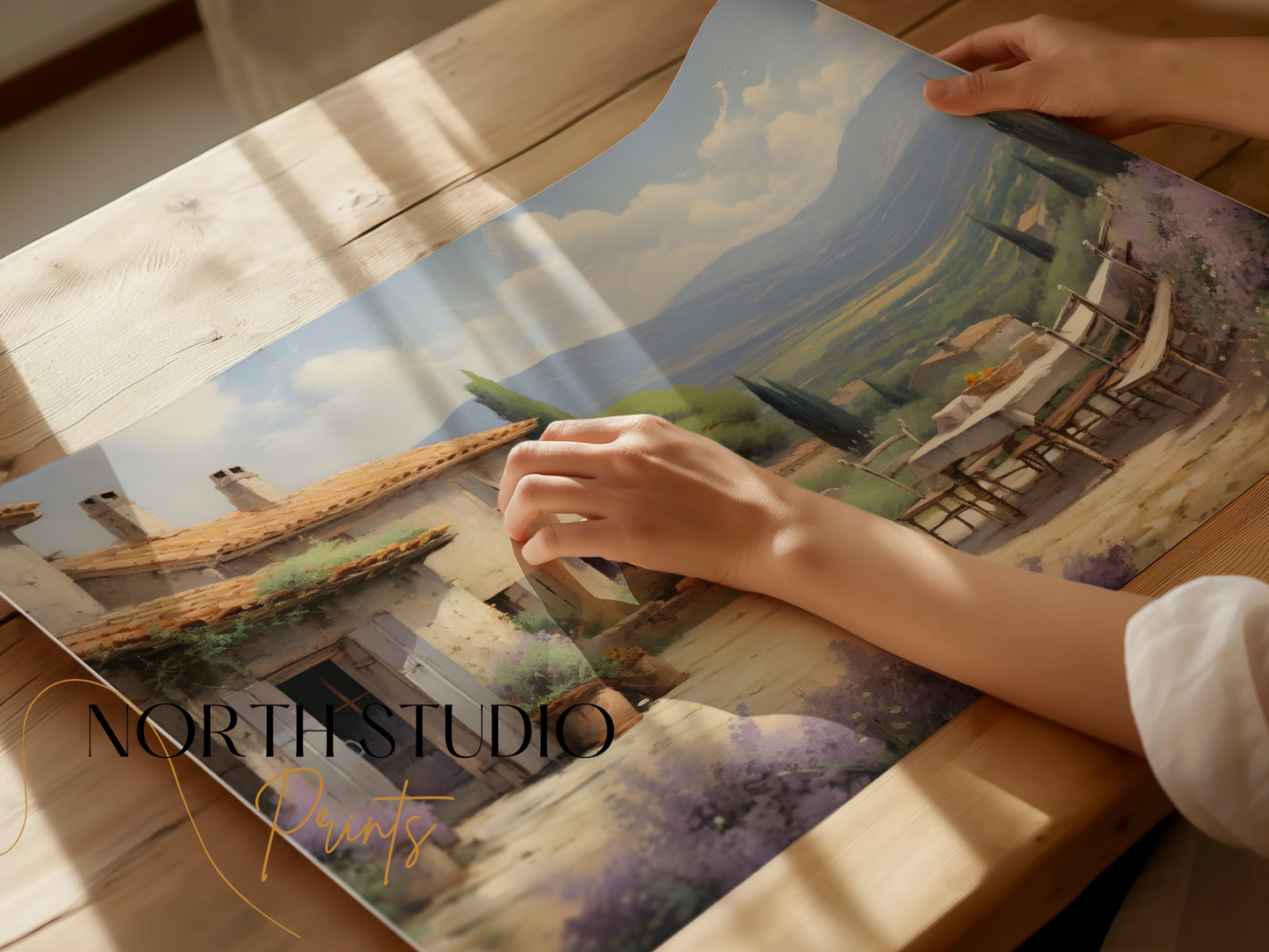 Premium Poster of Serene Countryside Scenic Patio with Mountains Art Posters