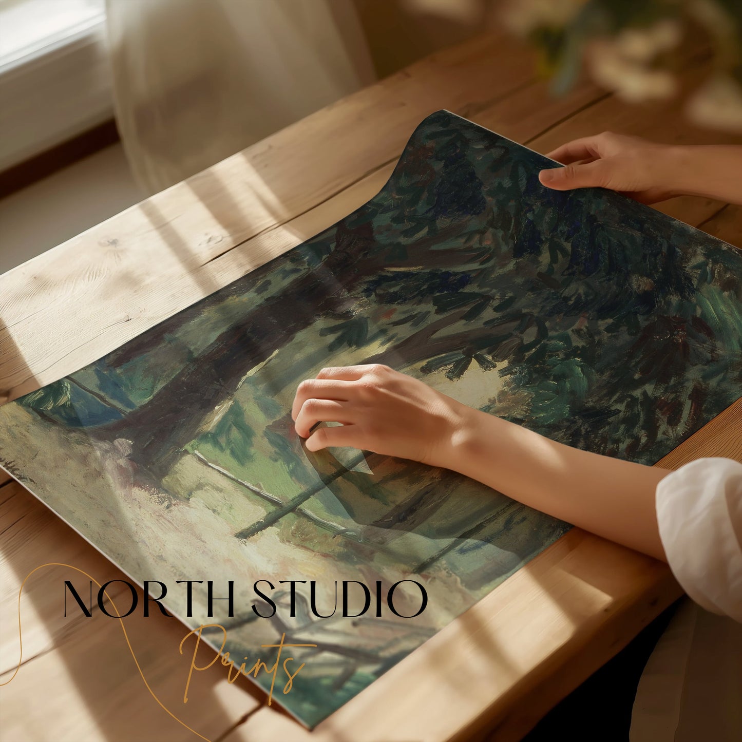 Premium Poster of Serene Forest Pathway with Benches Art Posters