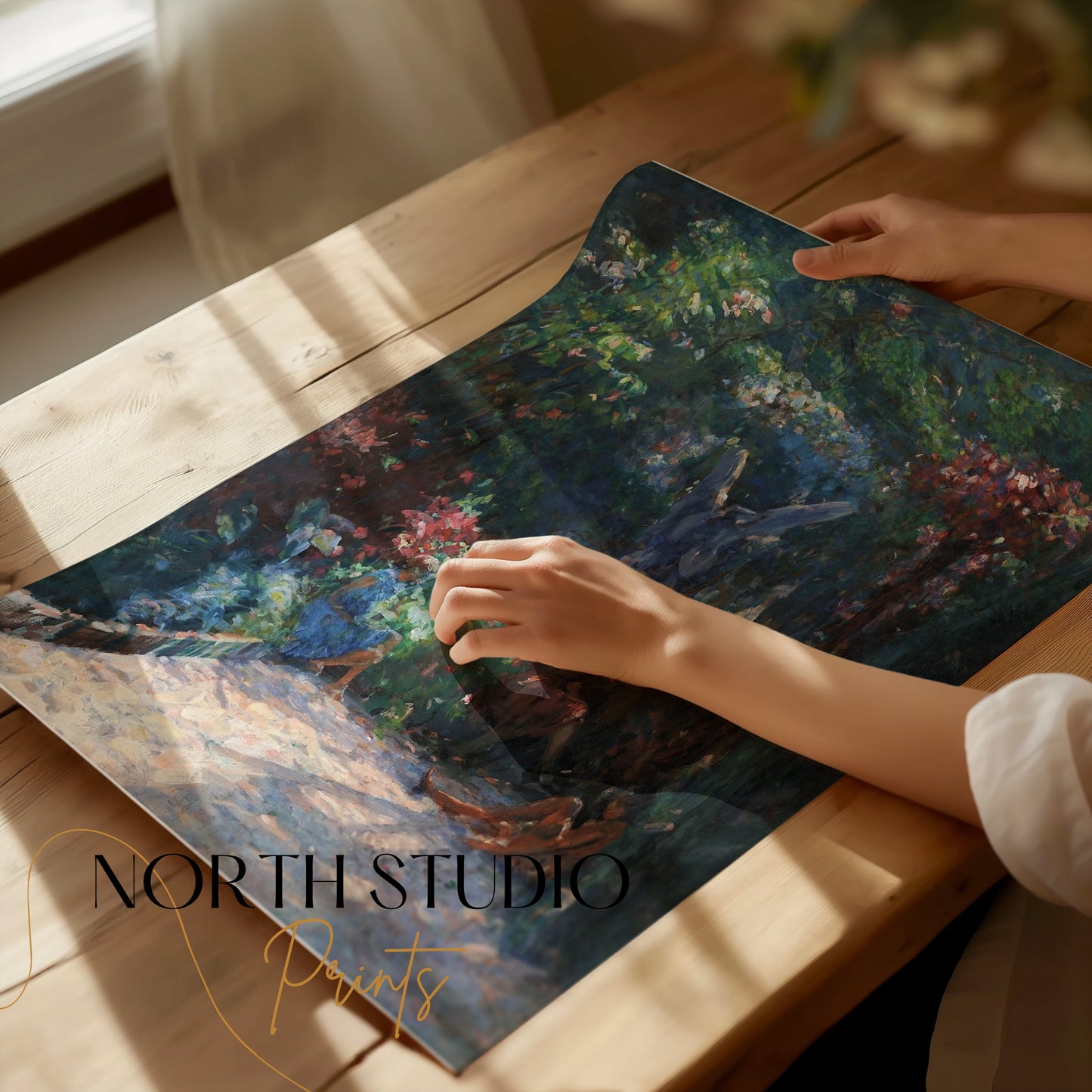 Premium Poster of Serene Garden Scene with Angel Statues Posters