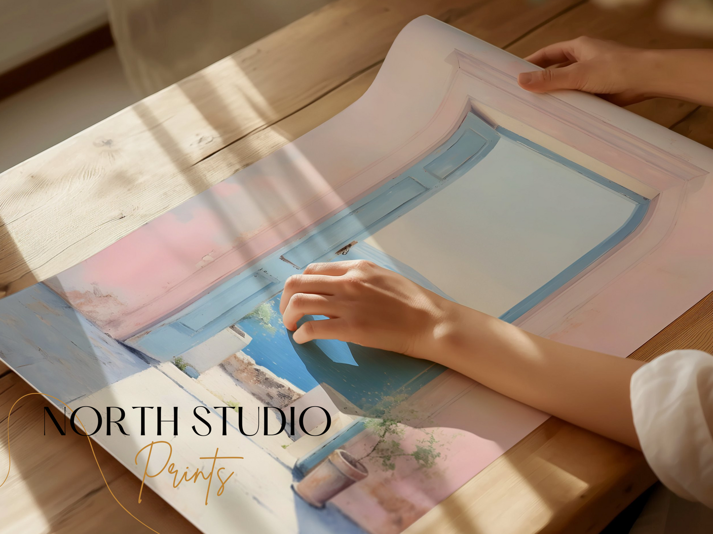 Premium Poster of Serene Ocean View Through Pastel Open Door Posters
