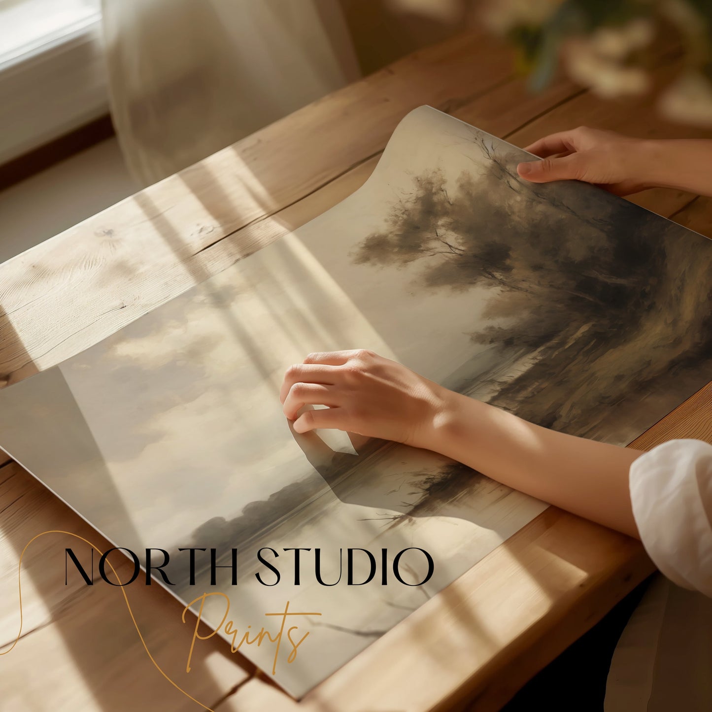 Premium Poster of Serene Riverbank Scene with Trees and Misty Atmosphere Posters