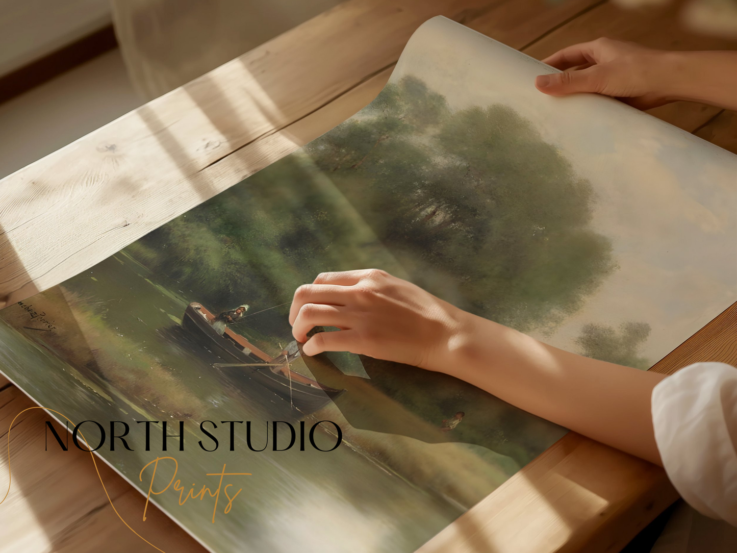 Premium Poster of Serene Riverside Rowboat Fishing Adventure Art Posters