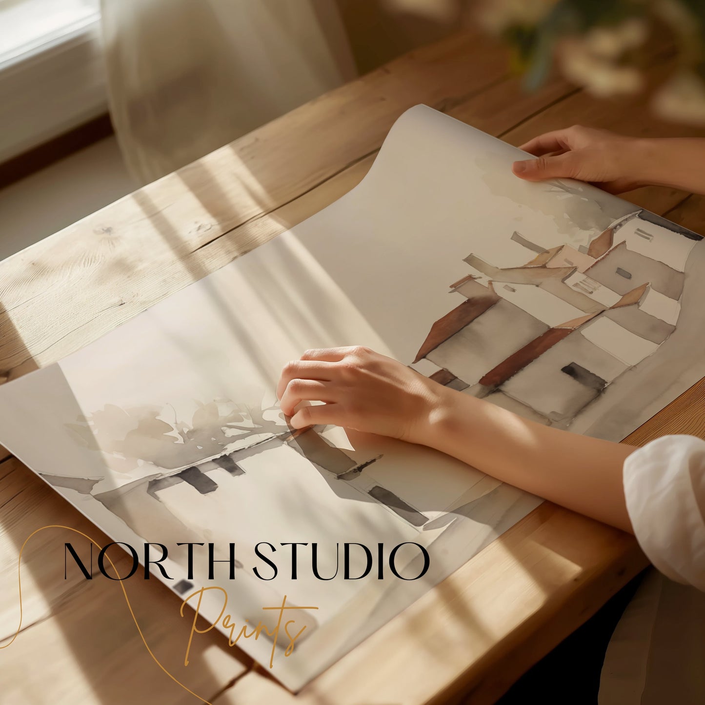 Premium Poster of Serene Village Landscape in Watercolor Style Posters