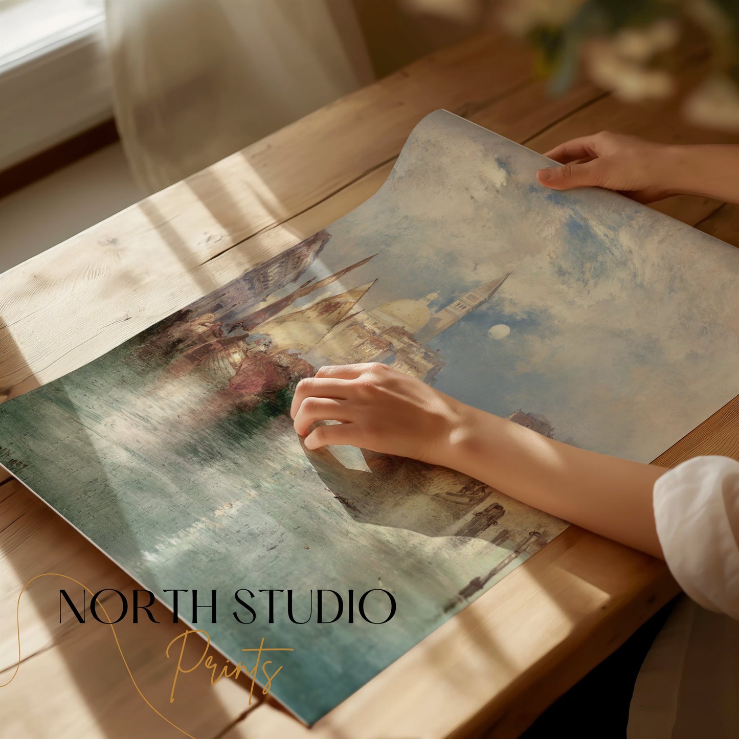Premium Poster of Serene Watercolor Cityscape with Boats Posters