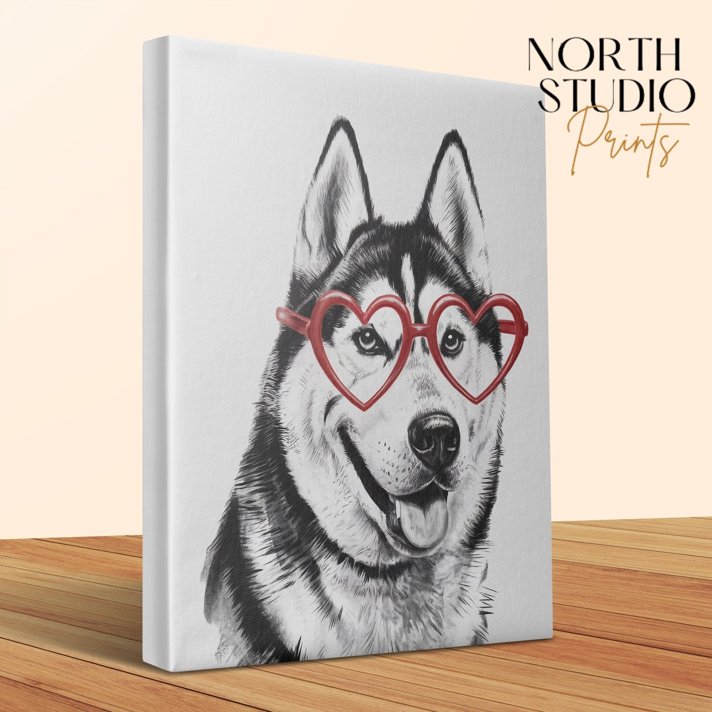 Premium Poster of Siberian Husky Sketch with Heart Glasses Canvas Wraps