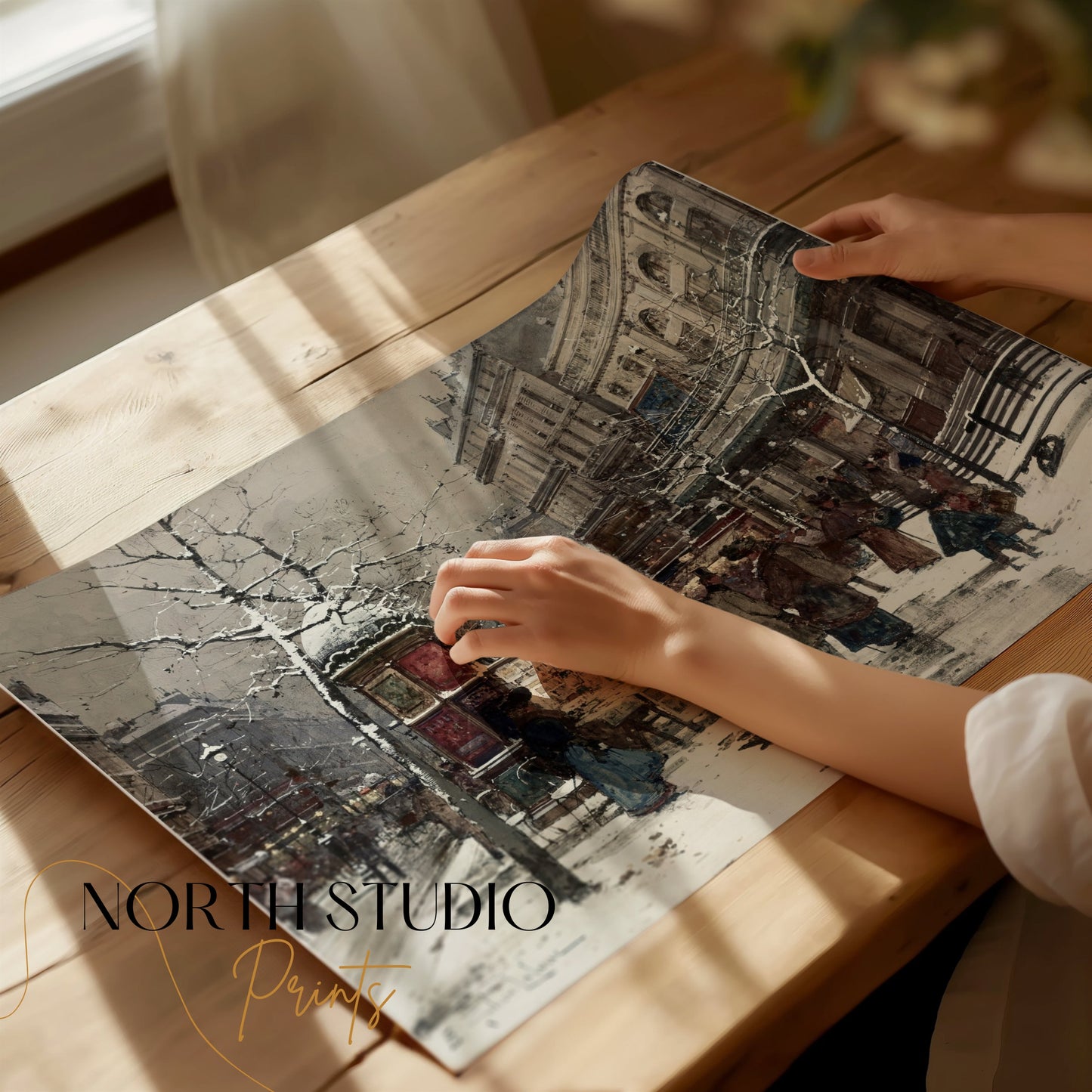 Premium Poster of Snowy Winter Street Scene with People Posters