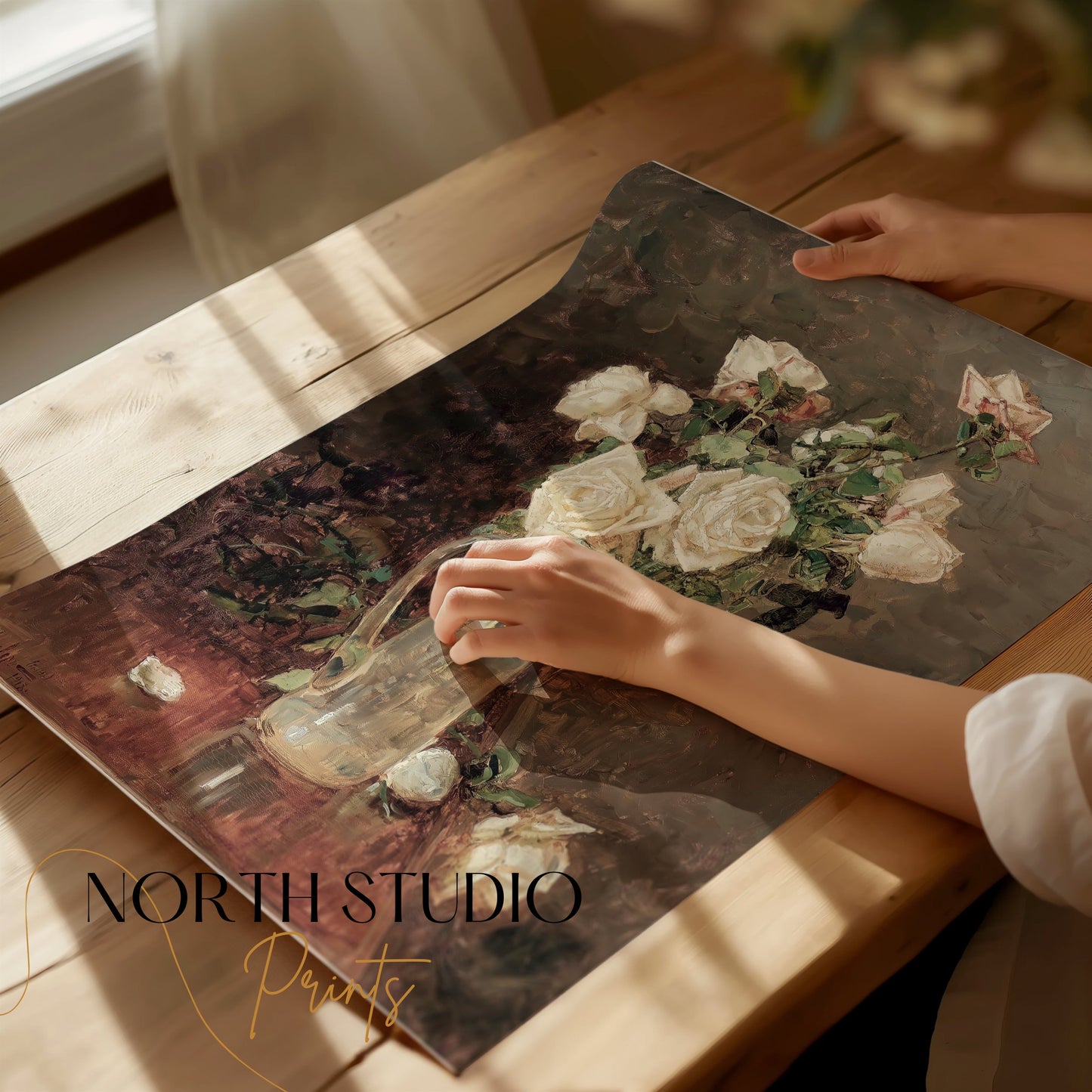 Premium Poster of Stunning White Roses in Glass Vase Artistic Posters