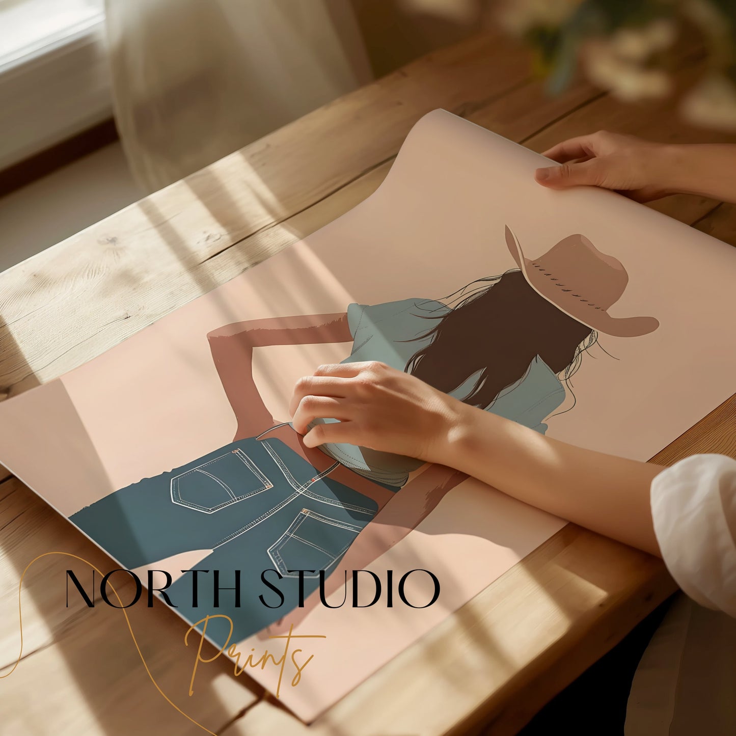 Premium Poster of Stylish Cowgirl Stands in Blue Jeans Art Posters