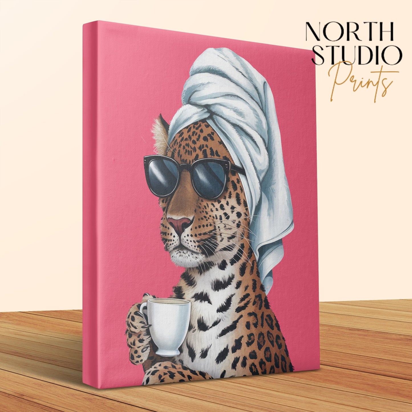 Premium Poster of Stylish Retro Leopard with Sunglasses Canvas Wraps