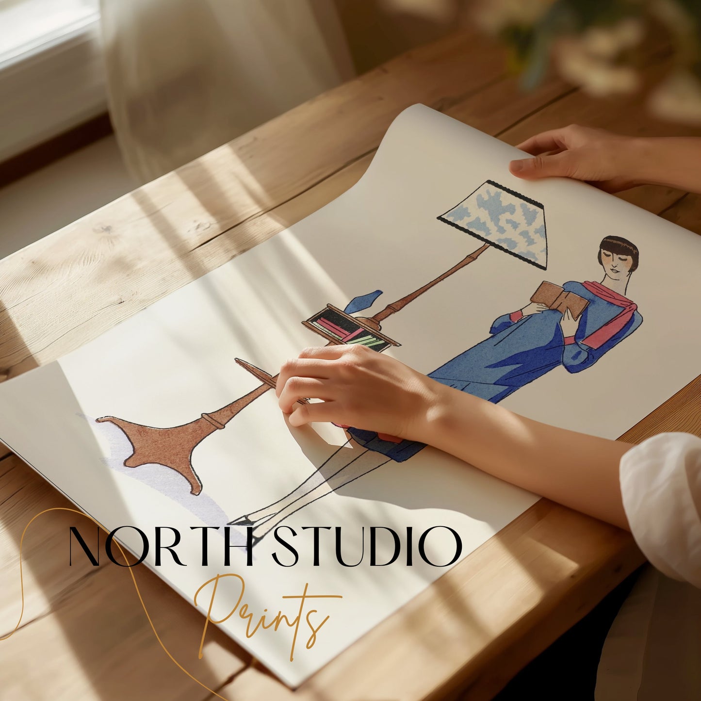 Premium Poster of Stylish Retro Woman Reading Next to a Lamp Posters