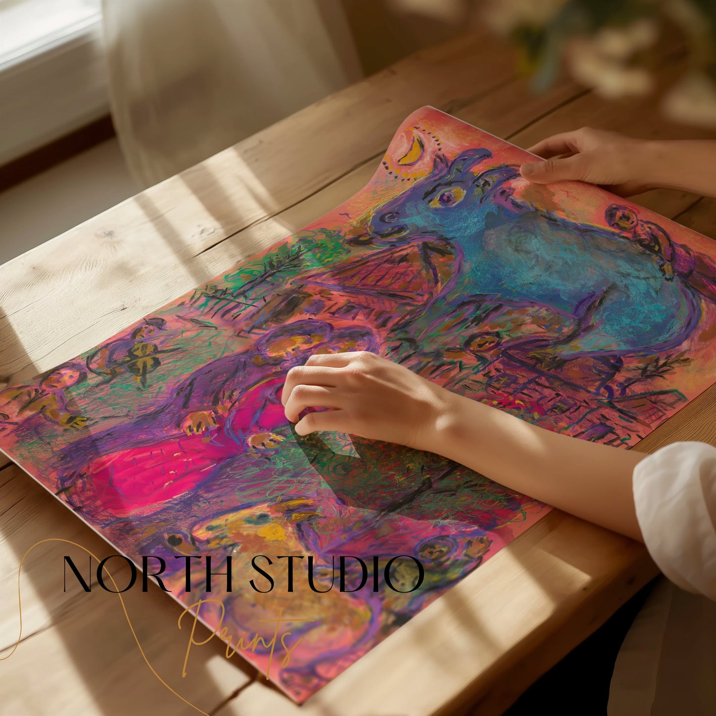 Premium Poster of Surreal Art Blue Animal Magic in Village Night Posters