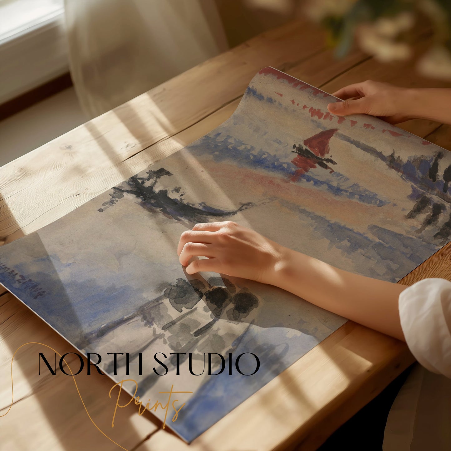 Premium Poster of Three Figures and Boats Watercolor Art Posters
