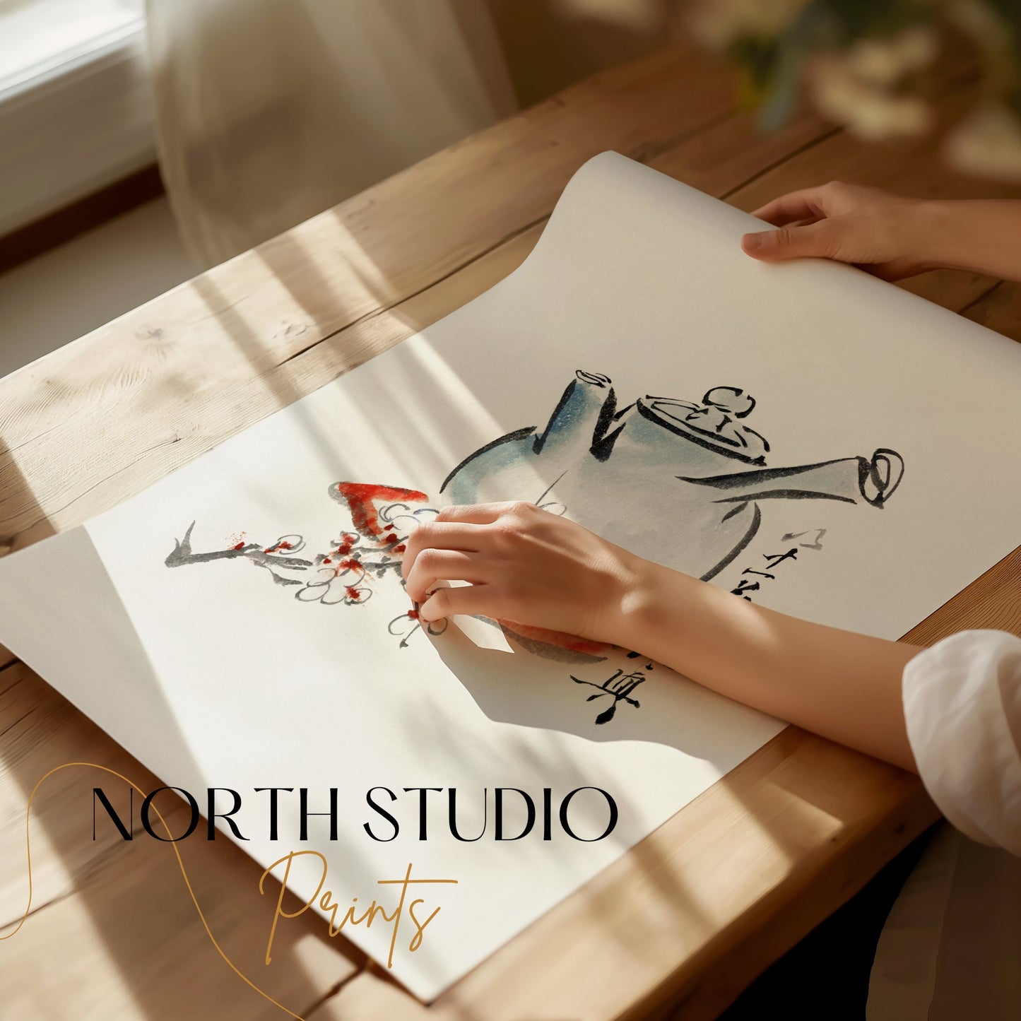 Premium Poster of Traditional Brush Painting Teapot with Floral Designs Posters