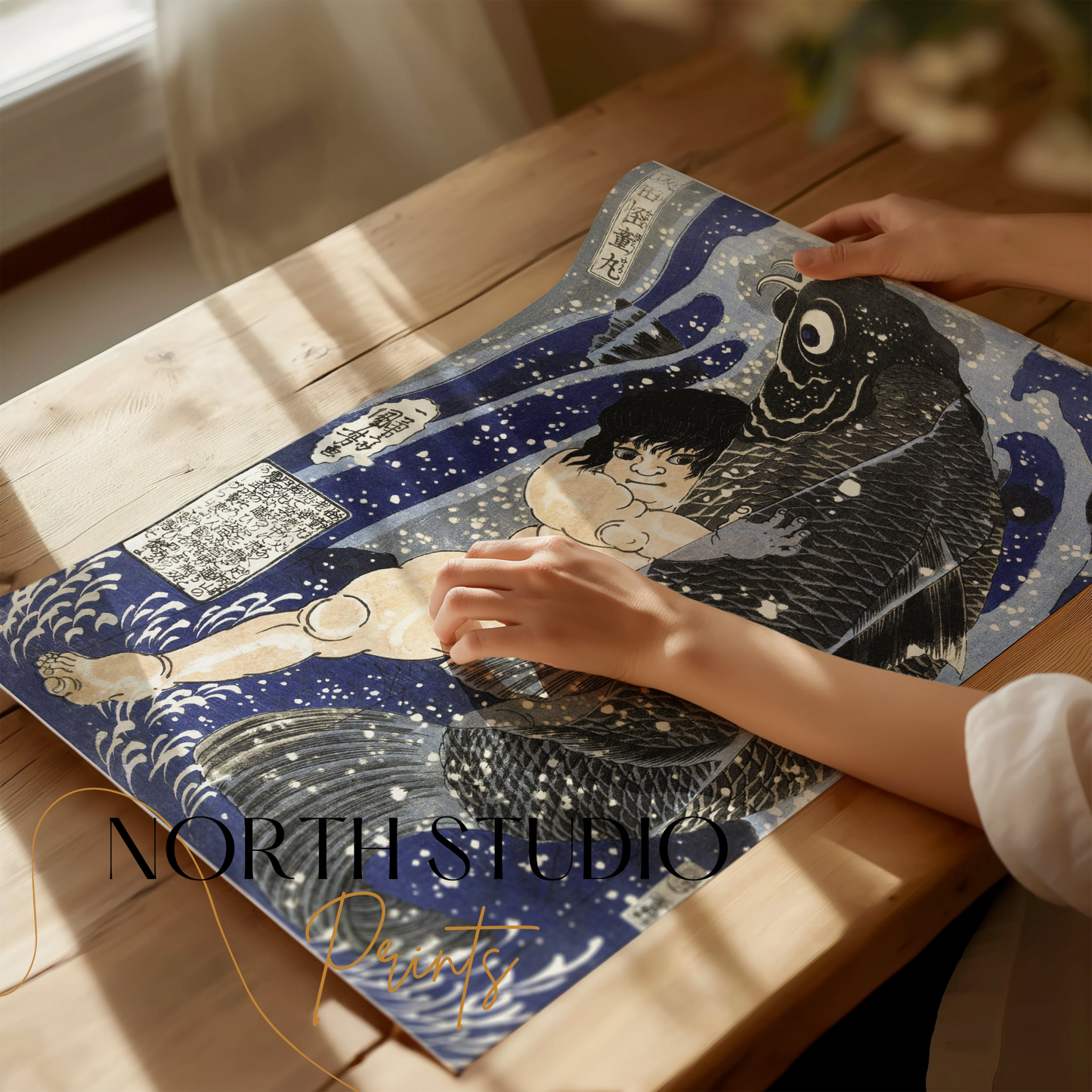 Premium Poster of Traditional Japanese Art Child and Fish Antique Posters