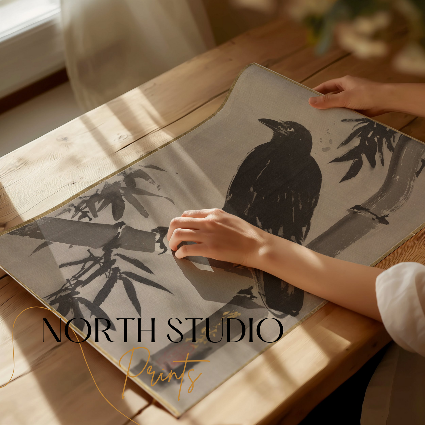 Premium Poster of Traditional Japanese Art Crow Bamboo Posters