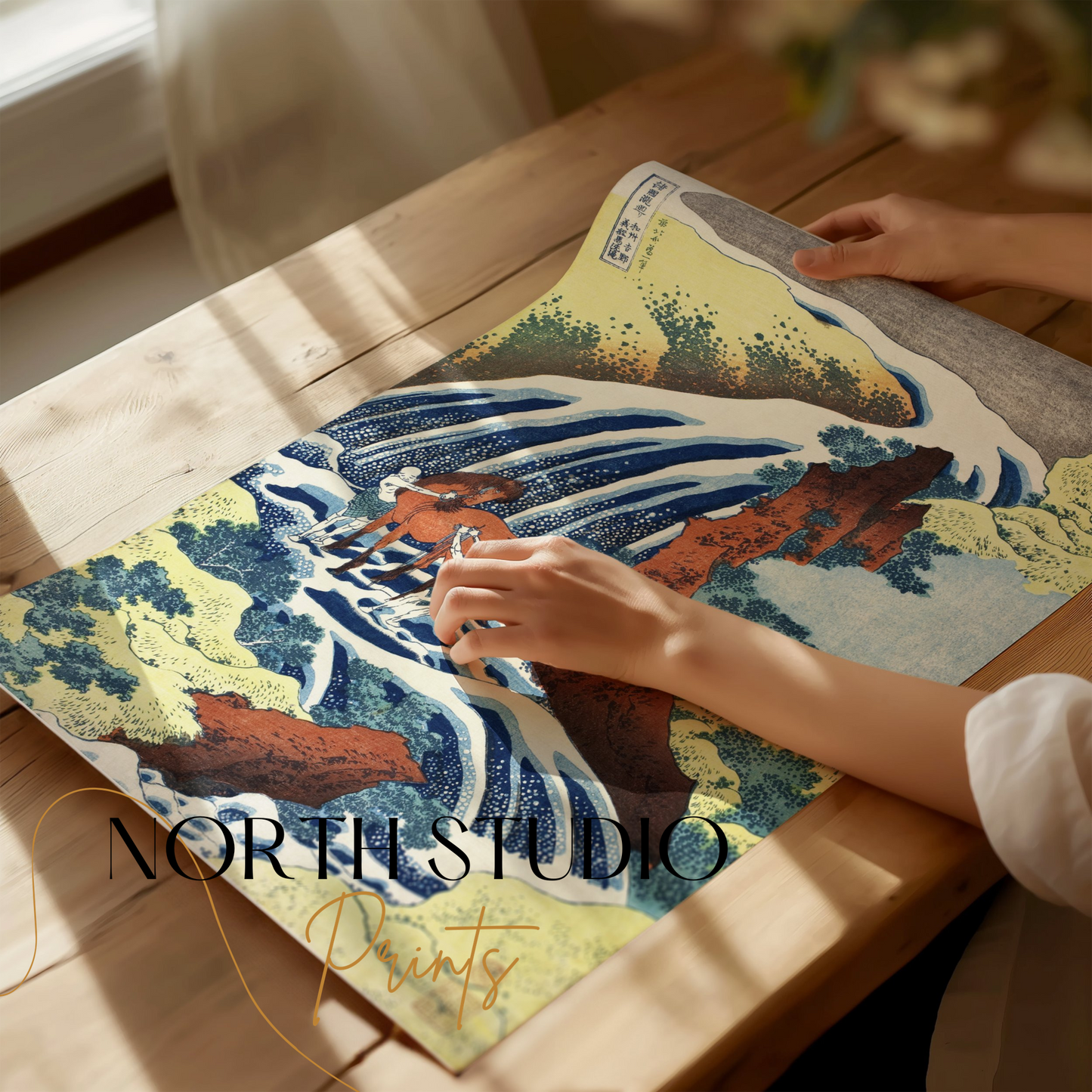 Premium Poster of Traditional Japanese Art Horses in Waterfall Posters