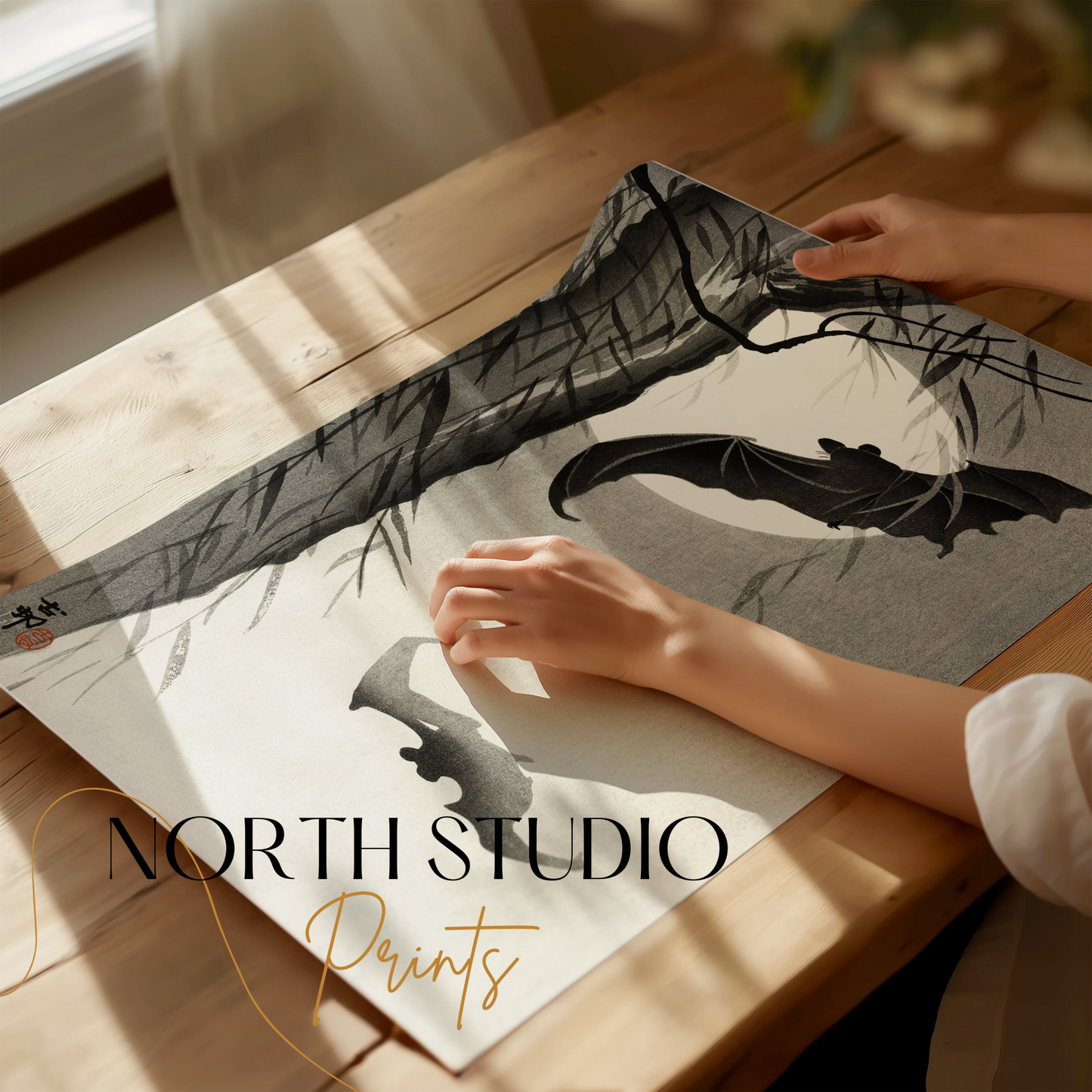 Premium Poster of Traditional Japanese Art with Bats Under Moon Posters