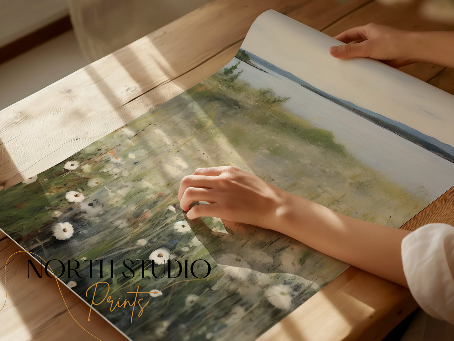 Premium Poster of Tranquil Lakeside Landscape with Wildflowers Posters