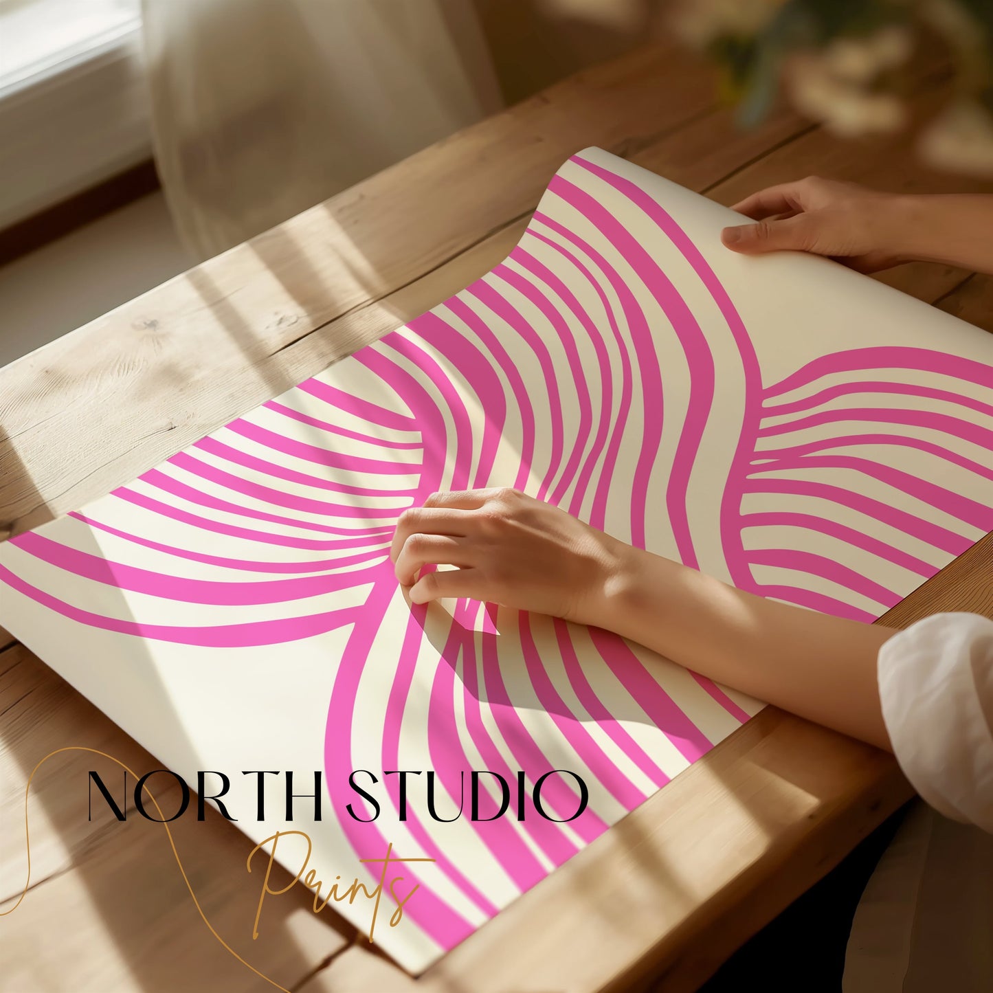 Premium Poster of Vibrant Abstract Pink and White Wave Design Posters