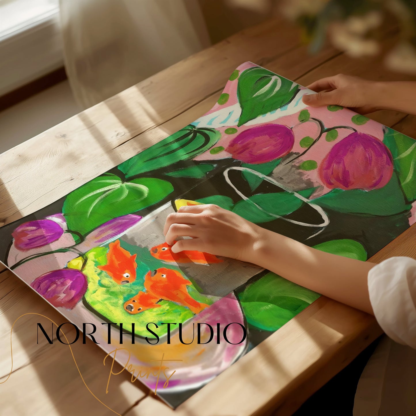 Premium Poster of Vibrant Fish in Glass Bowl Artwork with Foliage Posters
