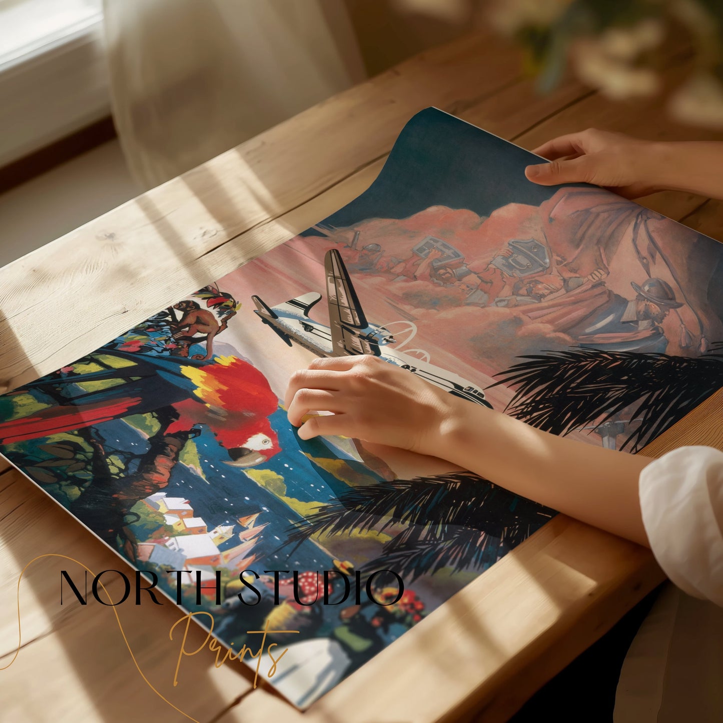 Premium Poster of Vintage Airplane and Tropical Landscape Art Print Posters