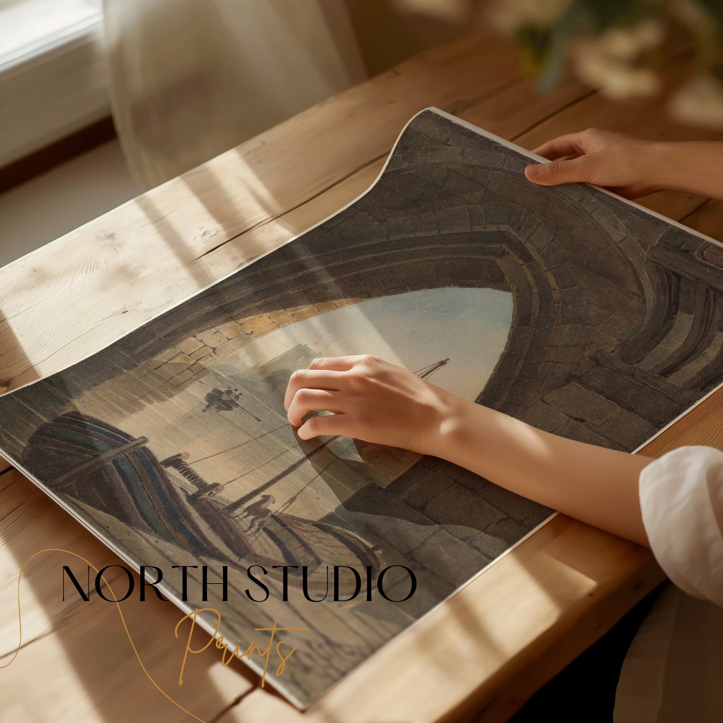Premium Poster of Vintage Archway Boating Scene Artistic Wall Posters