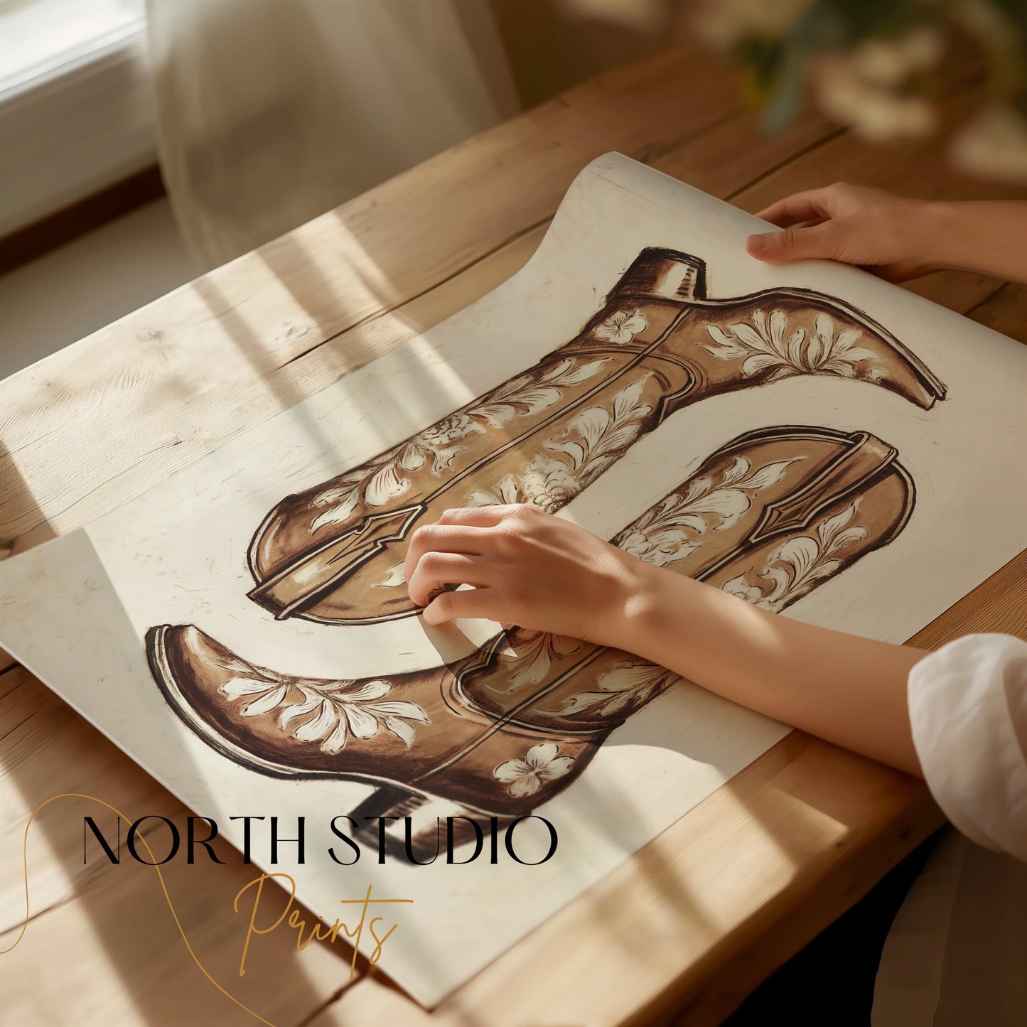 Premium Poster of Vintage Cowboy Boots with Floral Patterns Posters