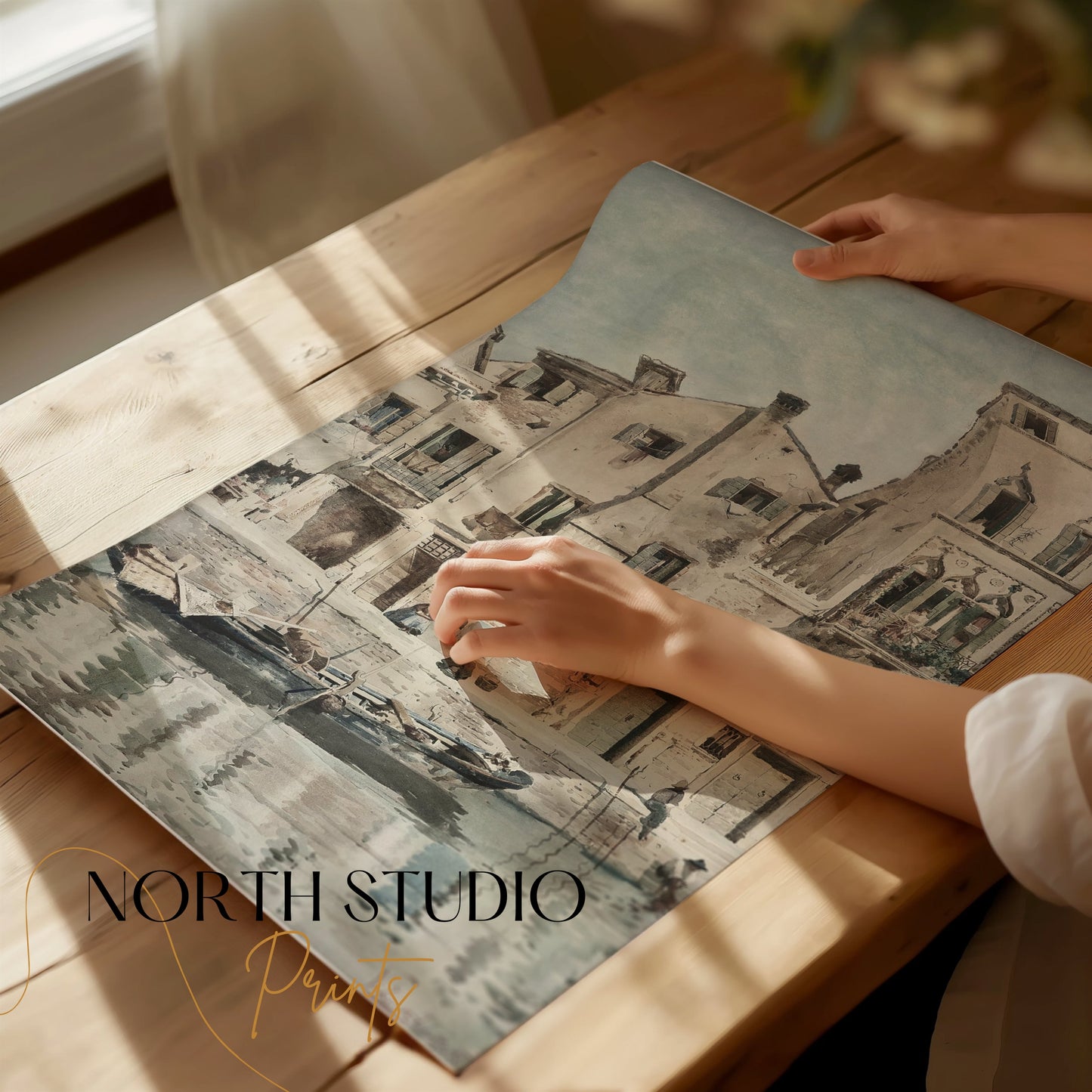 Premium Poster of Vintage European Riverside Scene Art Print Posters