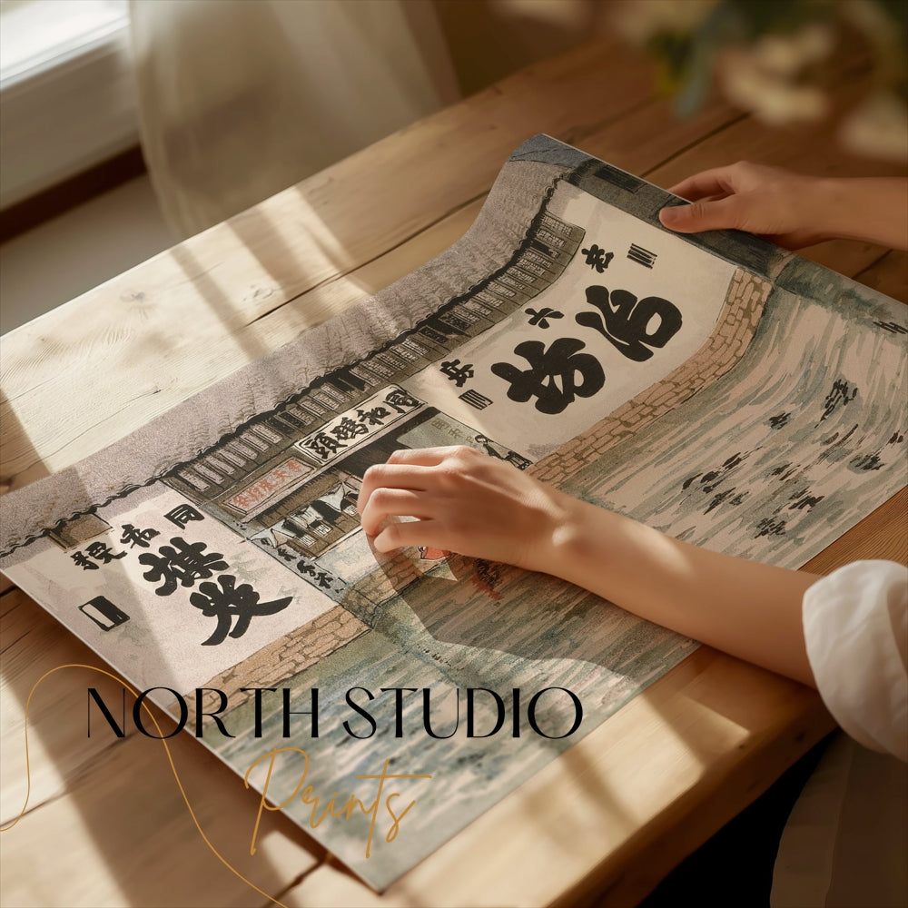 Premium Poster of Vintage Japanese Flooded Village Scene Posters