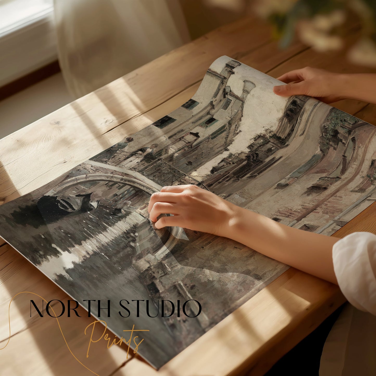 Premium Poster of Vintage Urban Canal Scene with Bridge Posters