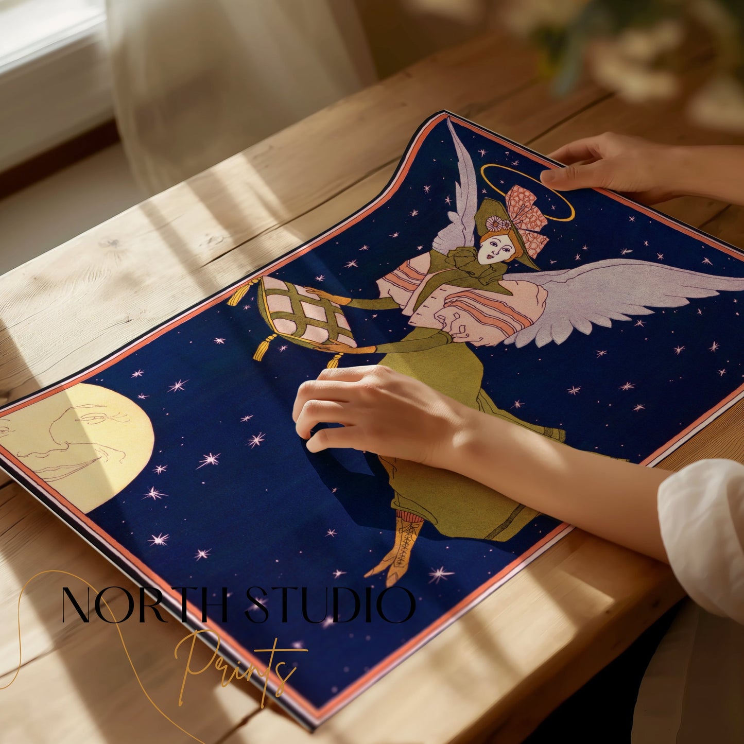Premium Poster of Whimsical Angel with Pillow Flying Under Night Sky Posters