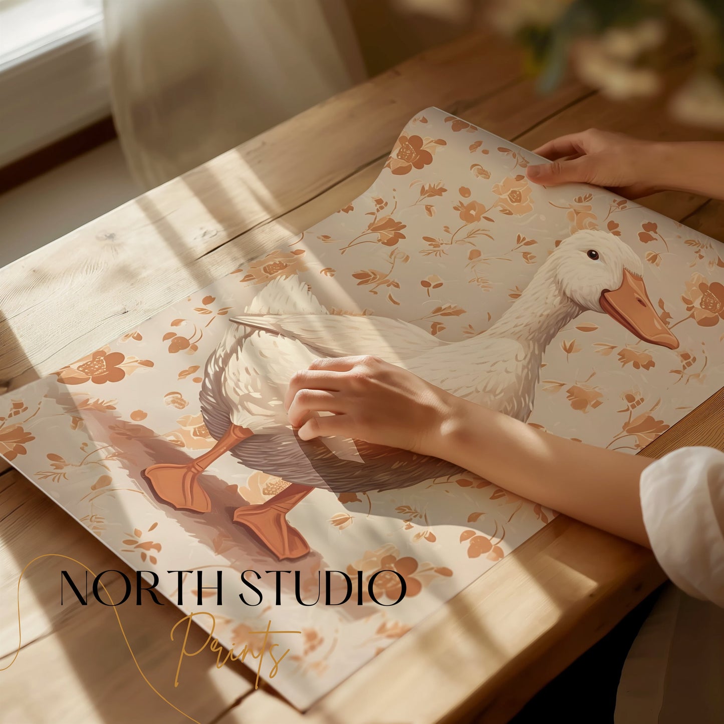 Premium Poster of Whimsical Duck Illustration with Floral Background Posters