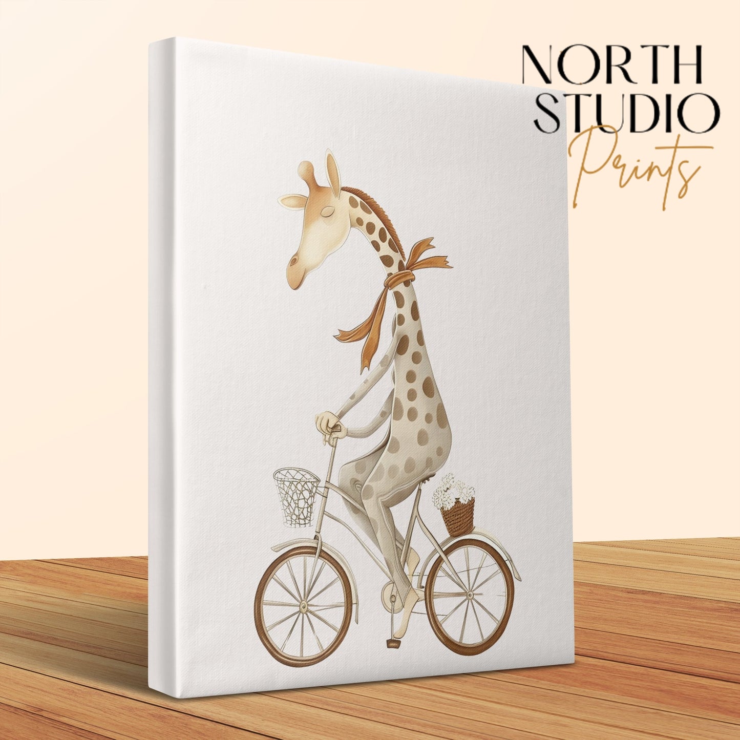 Premium Poster of Whimsical Giraffe on Bicycle Nursery Wall Art Canvas Wraps