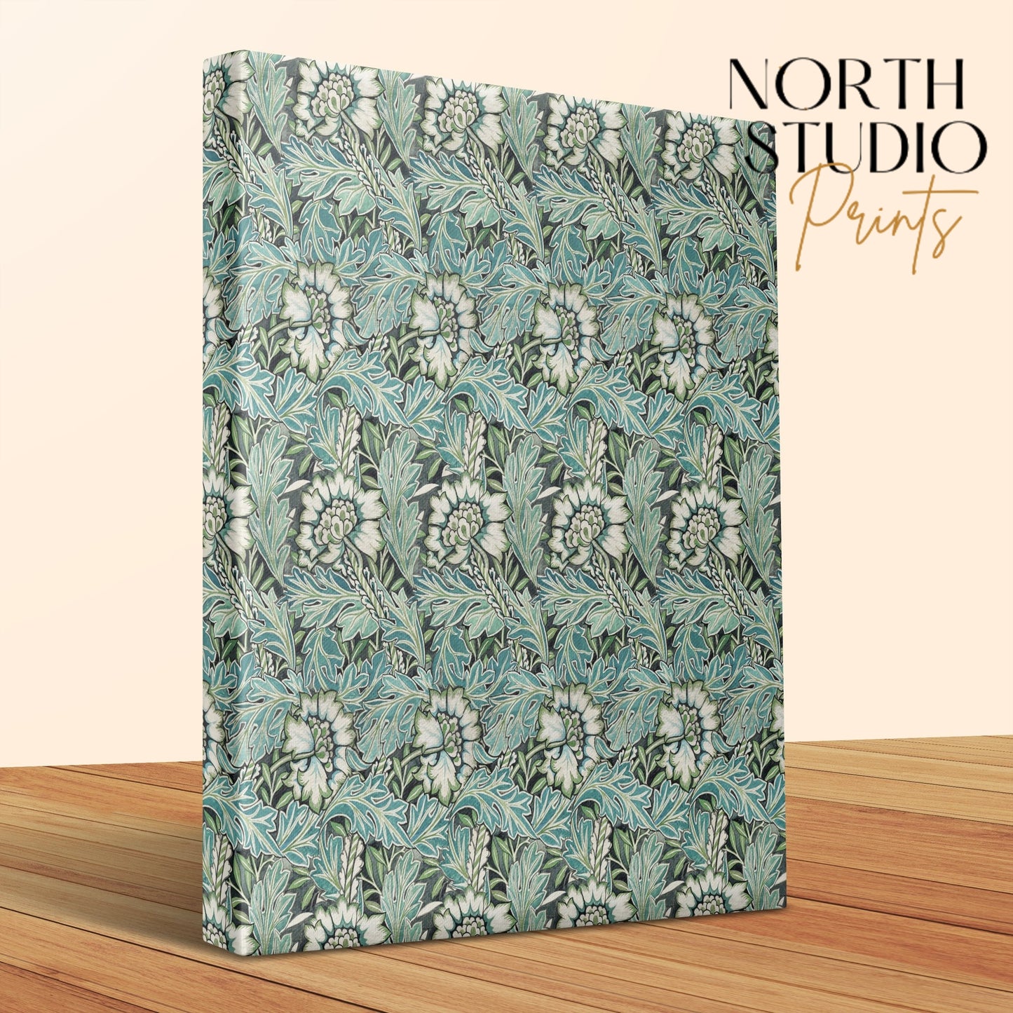 William Morris floral canvas wrap with intricate botanical patterns, displayed on a wooden surface with North Studio Prints branding.