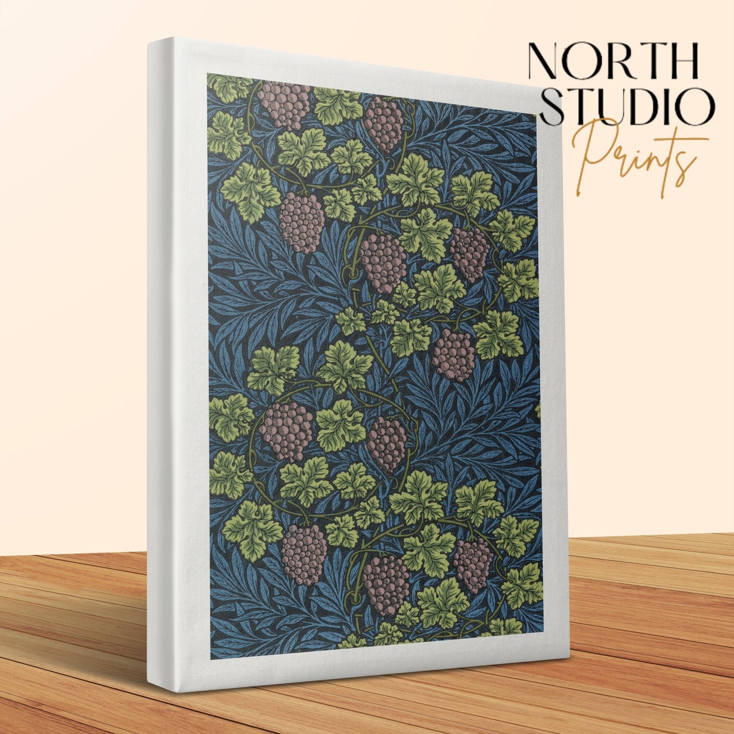 William Morris Grape Vines canvas wrap close-up with North Studio Prints branding, showcasing detailed botanical artwork in vintage style.
