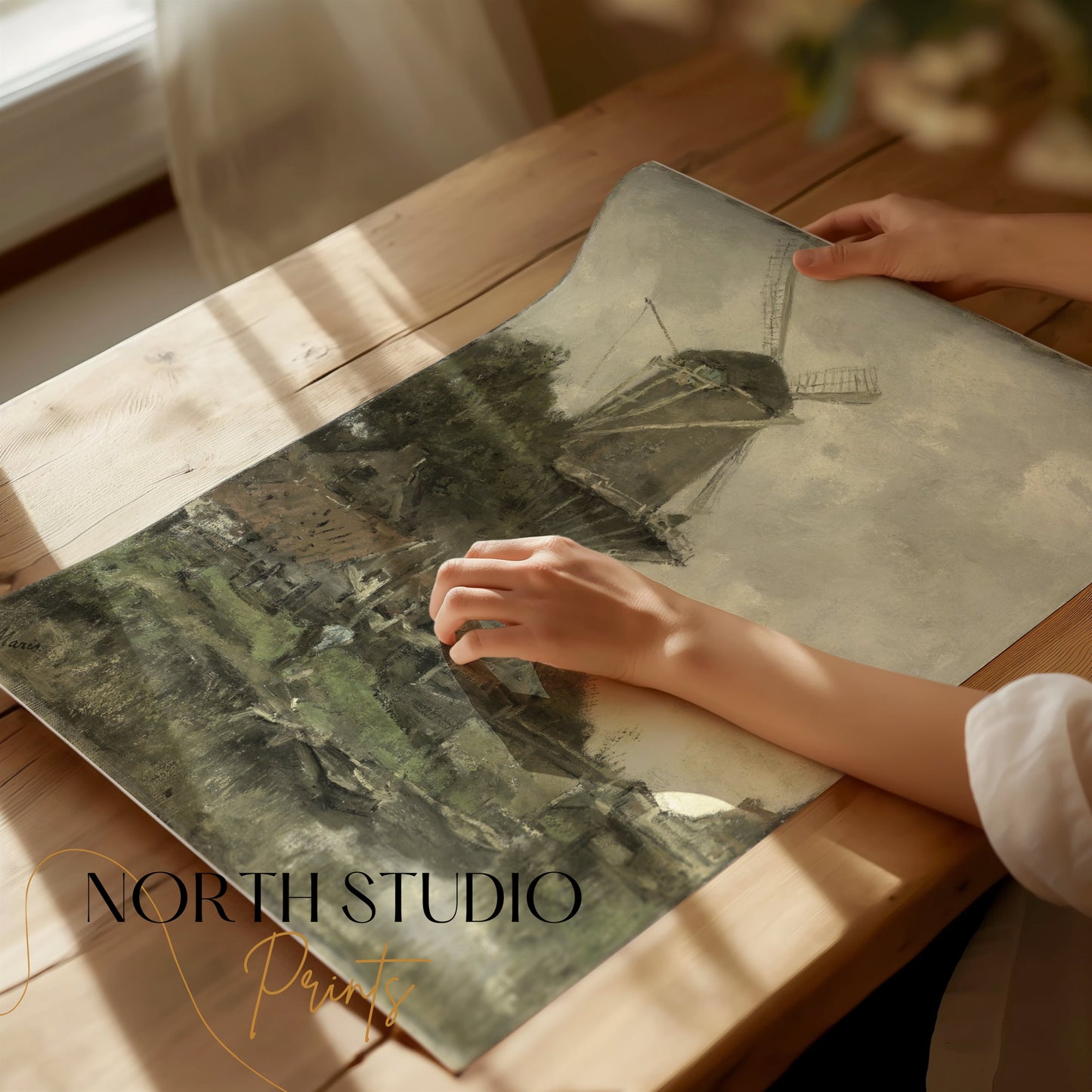 Premium Poster of Windmill Overlooking A Calm River Bank Posters