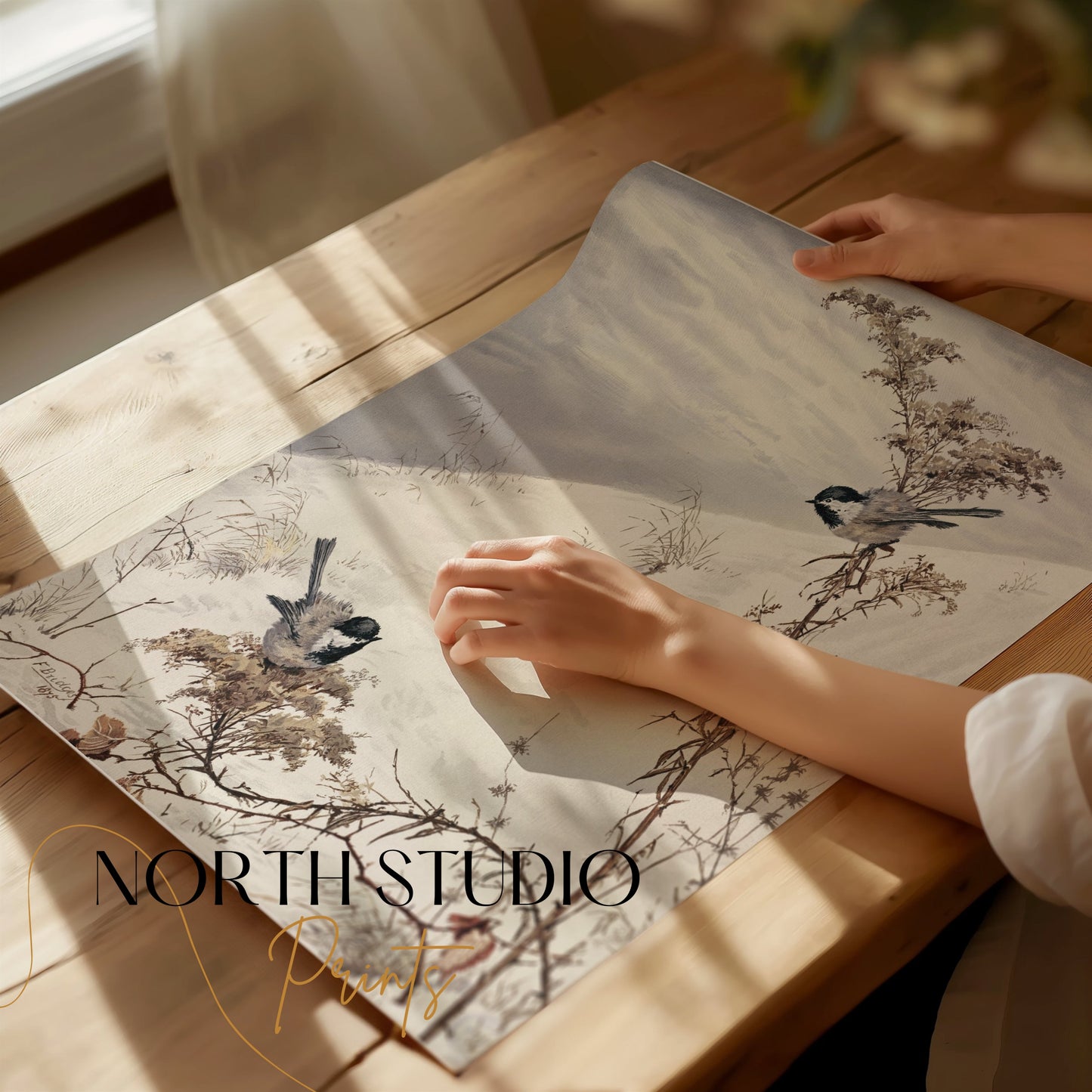 Premium Poster of Winter Birds on Snowy Branch Scene Posters