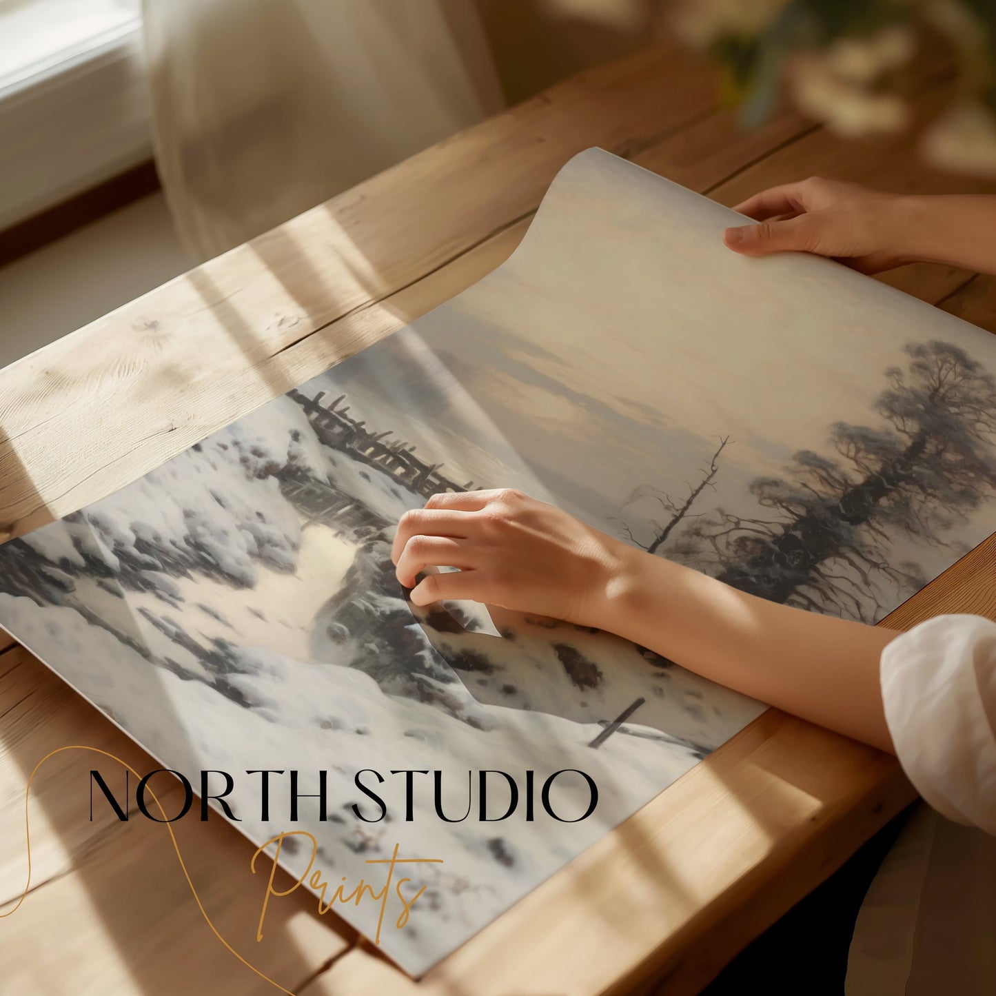Premium Poster of Winter Landscape with Snow Covered Trees and Stream Posters