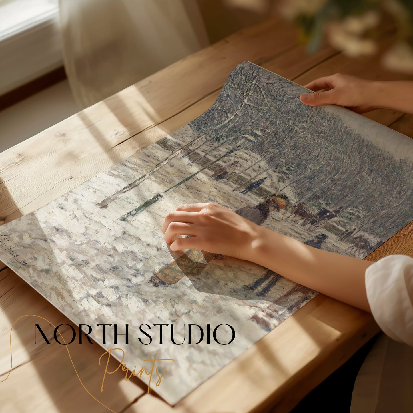 Premium Poster of Winter Street Scene with People and Snow Posters