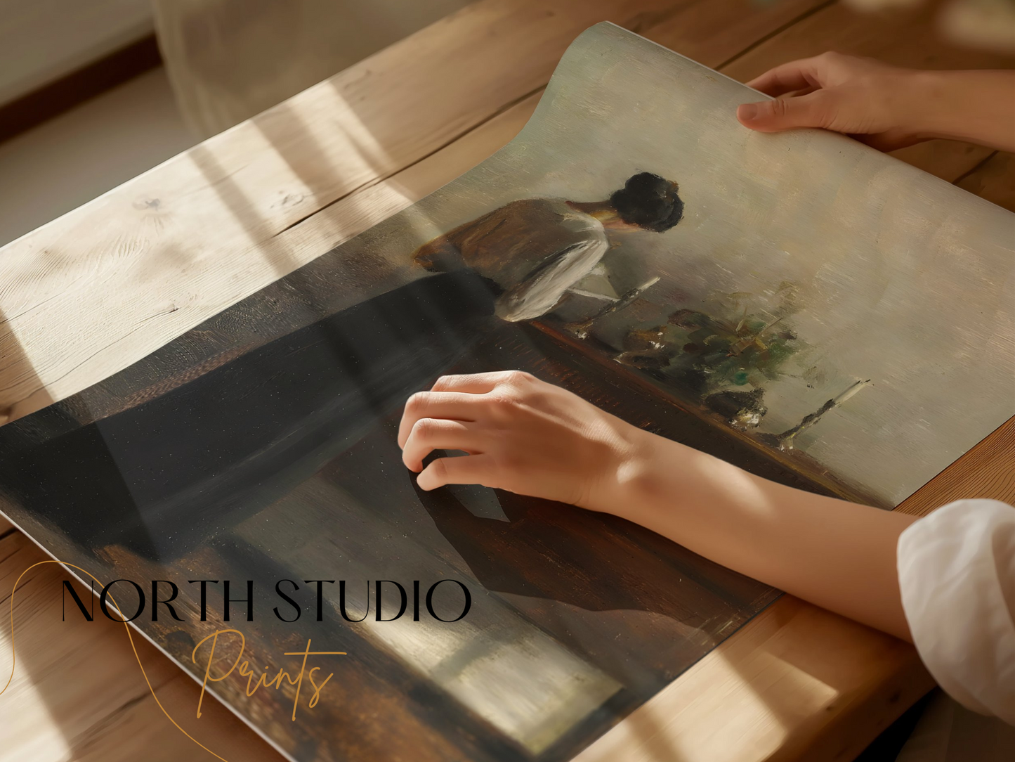 Premium Poster of Woman Standing Beside Wooden Table Art Print Posters