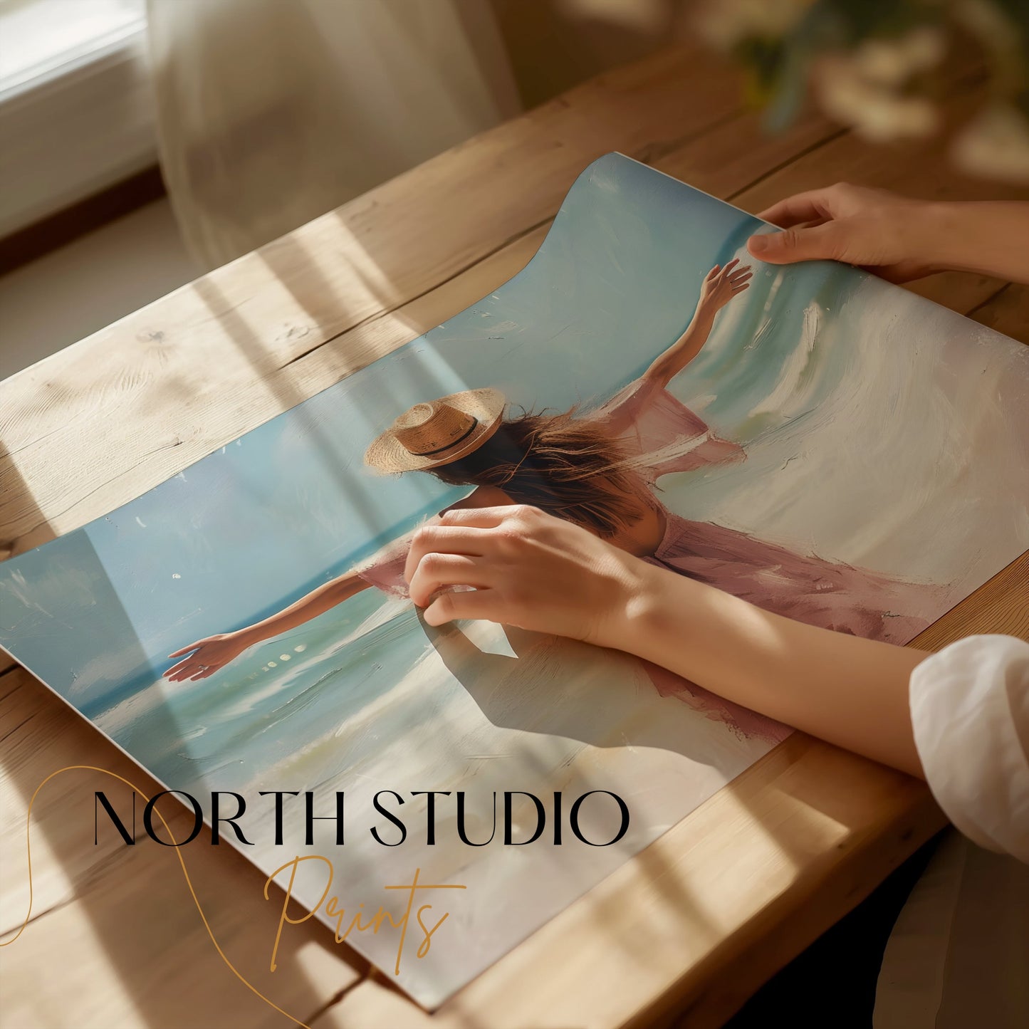 Premium Poster of Woman at Beach with Open Arms in Summer Vibes Posters