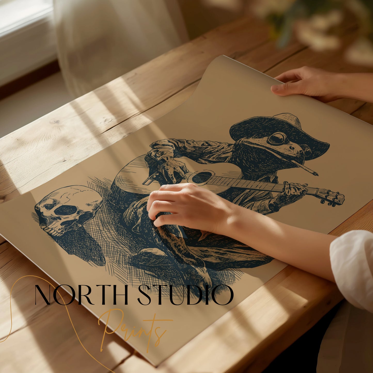 Frog wearing a cowboy hat plays guitar with a skull beside it.