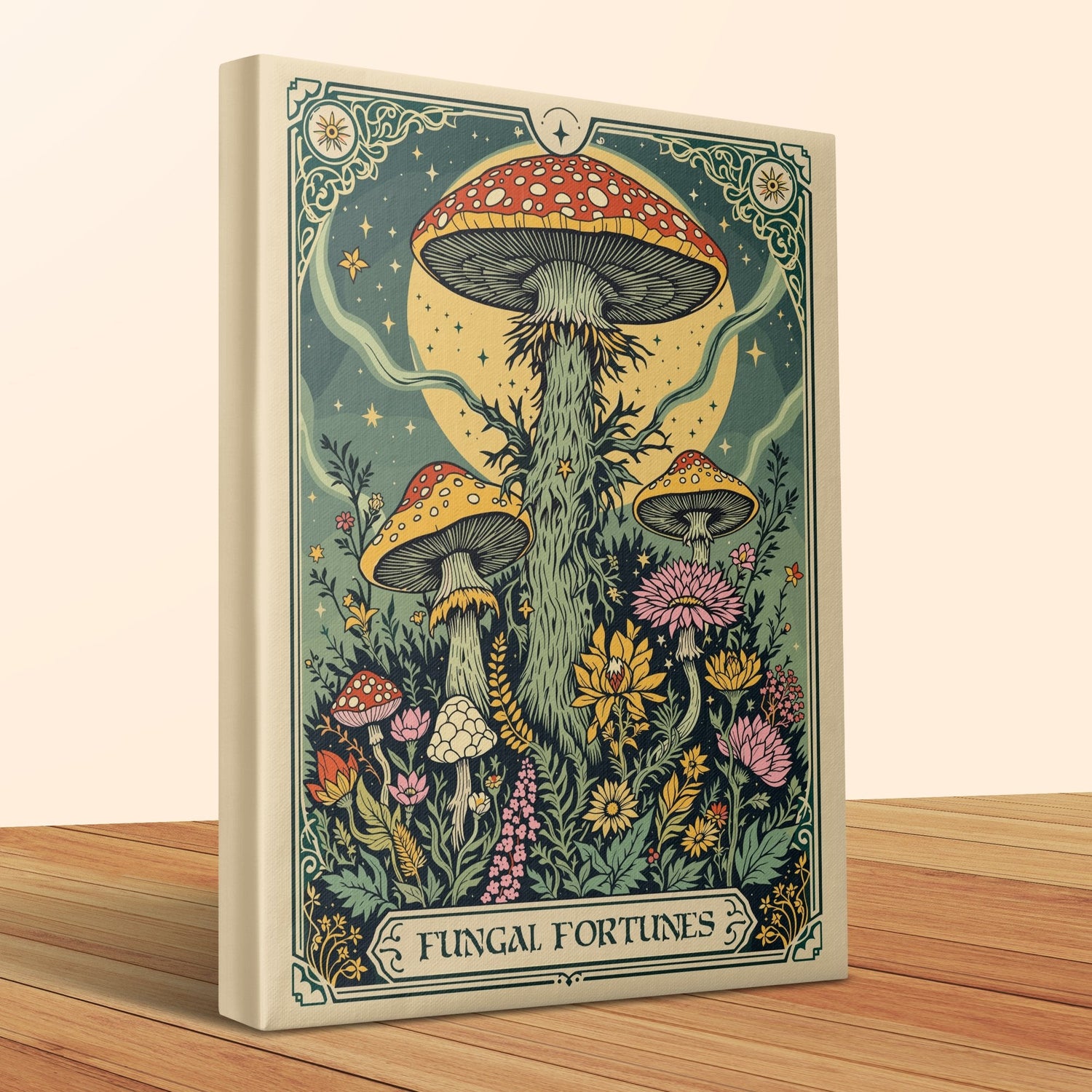 A charming Canvas adorned with mushrooms, resting on a wooden table, reflecting the aesthetic of cottagecore wall art