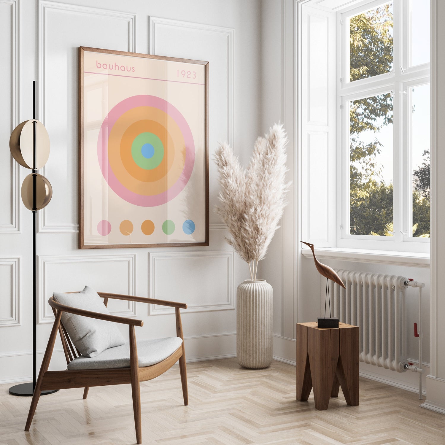 Modern interior with Bauhaus 1923 art print, minimalist furniture, and natural light.