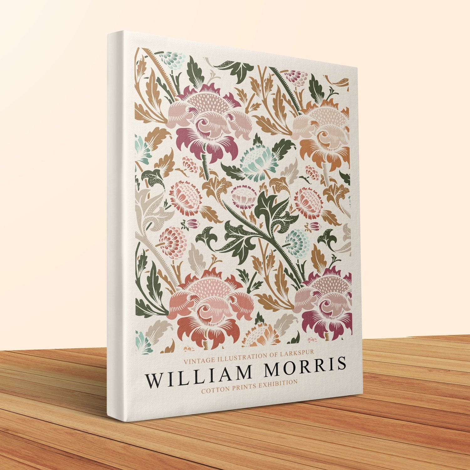 William Morris canvas featuring a vintage larkspur illustration in earthy tones.